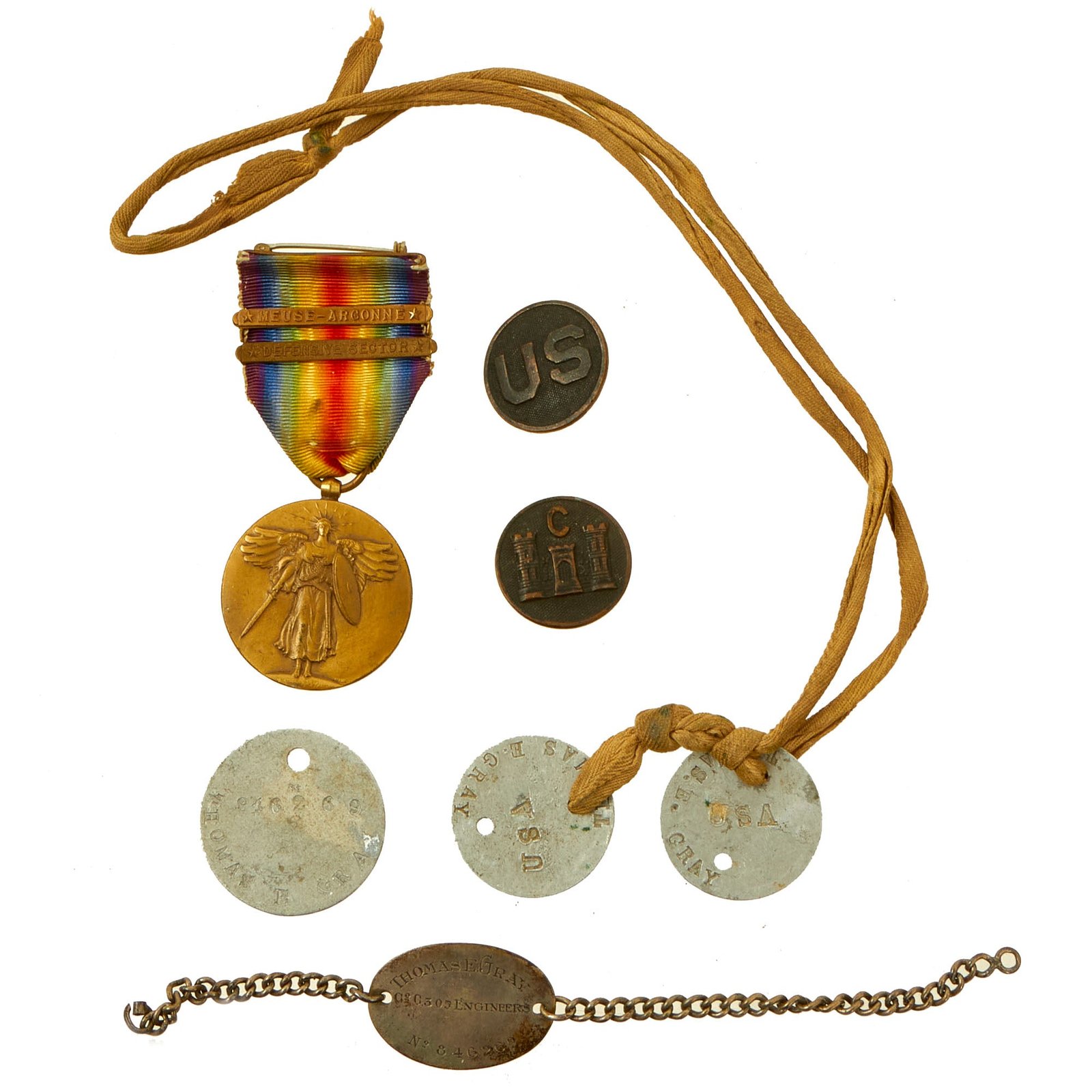 Buy Original U.S. WWI Named 305th Engineer Regiment, 80th Infantry Division Grouping Featuring Dog Tags, Collar Devices, Victory Medal and ID Bracelet - 6 Items | Original Firearms Antique For Sale