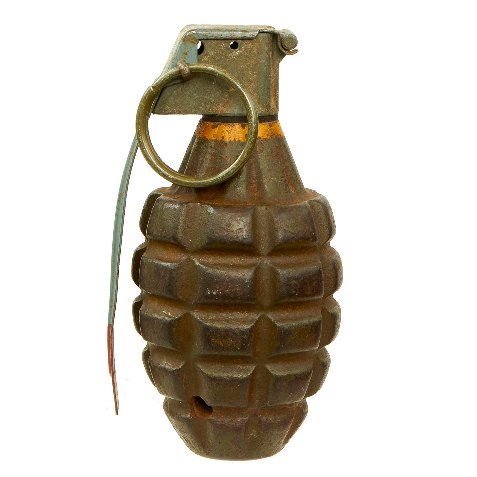 Buy Original U.S. WWII Inert MkII Pineapple Grenade with Yellow Ring & Post Korean War Era M205A2 Fuze | Original Firearms Antique For Sale