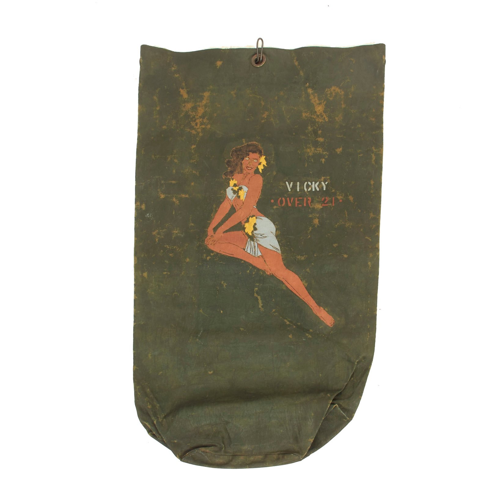 Buy Original U.S. WWII Named Marine Corps Sea Bag Featuring Painted Pin Up Girl “Nose Art”- 38” x 22” | Original Firearms Antique For Sale