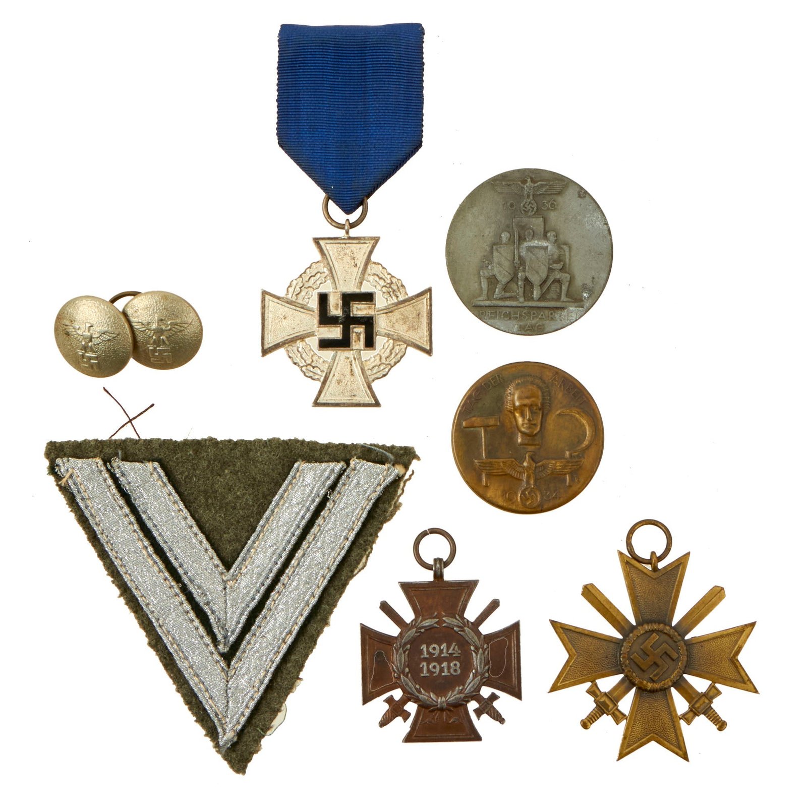 Buy Original German WWI - WWII Award and Insignia Grouping with Hindenburg Cross, KvKII with Swords, and More - 8 Items | Original Firearms Antique For Sale