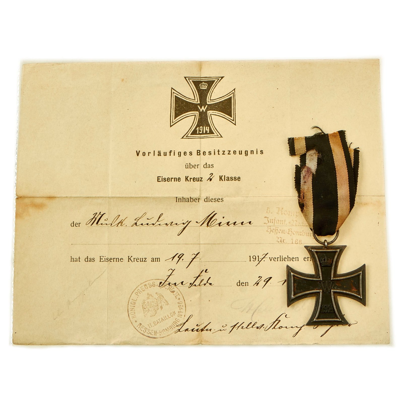 Buy Original Imperial German WWI Prussian Iron Cross 2nd Class 1914 with Ribbon & Award Document - EKII | Original Firearms Antique For Sale