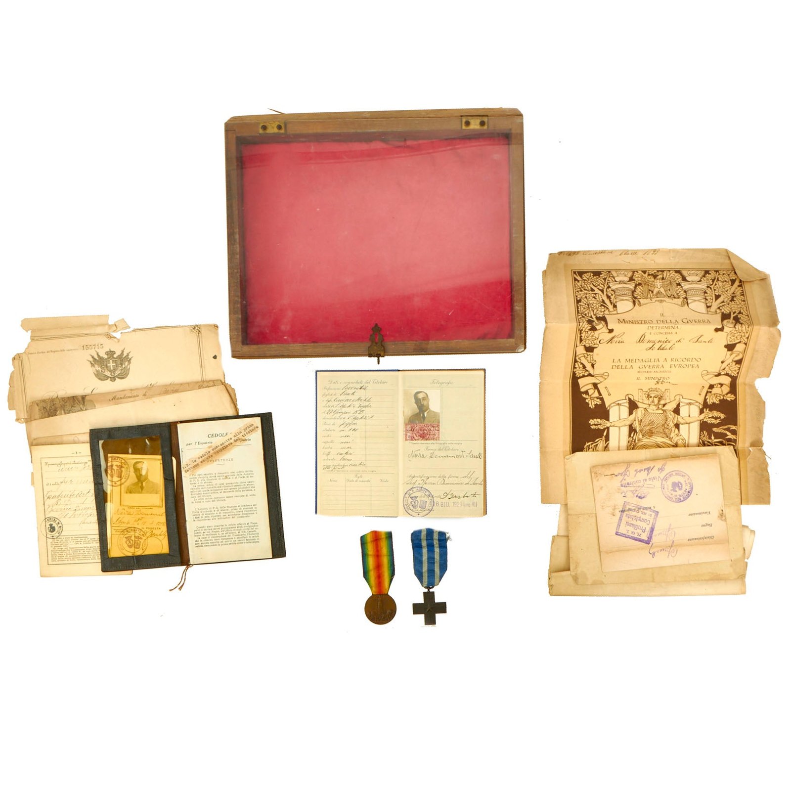 Buy Original Italy WWI Era Royal Italian Army War Merit Cross, Victory Medal And Document Grouping for Soldato Novia Domenico - 11 Items | Original Firearms Antique For Sale