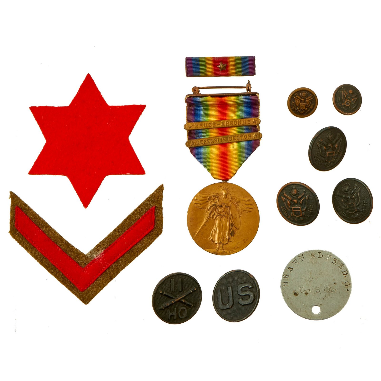 Buy Original U.S. WWI Named 11th Field Artillery Regiment Headquarters, 6th Infantry Division Grouping Featuring Victory Medal, Dog Tag and Uniform Insignia - 12 Items | Original Firearms Antique For Sale
