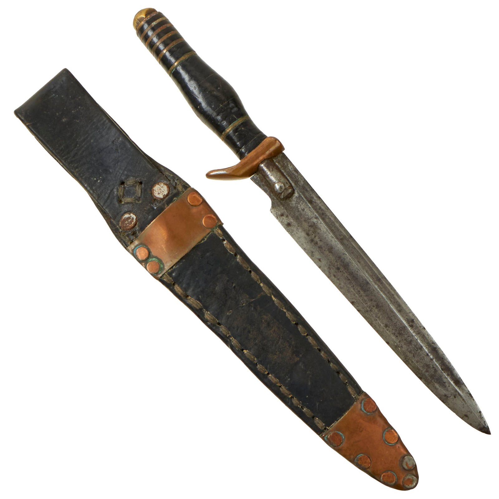 Buy Original U.S. WWII Era “Egonomic Handle” Theater Made Fighting Knife Constructed From Sword With Leather Scabbard | Original Firearms Antique For Sale