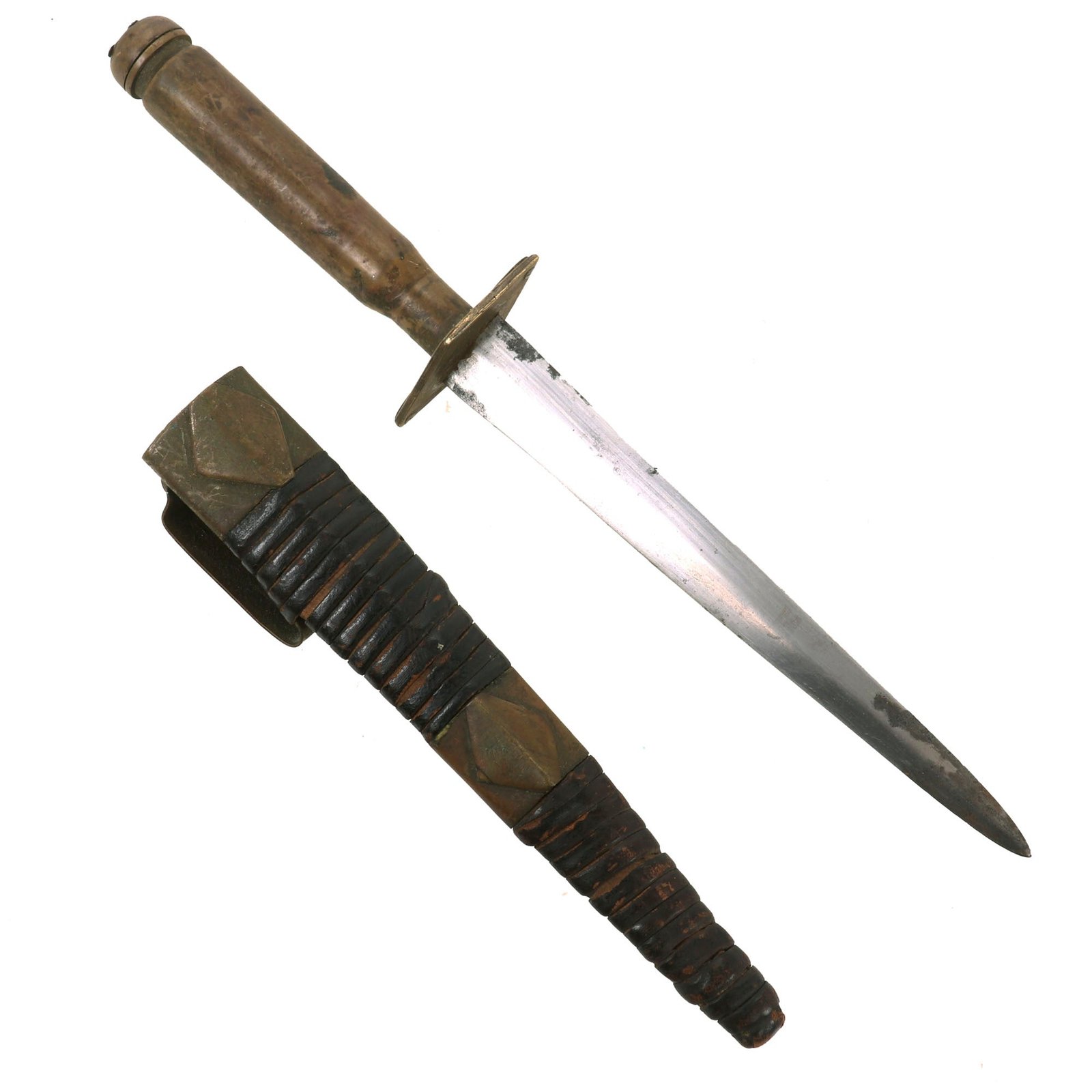 Buy Original British WWII Fairbairn-Sykes Style Trench Knife with Bullet Casing Handle & Leather-Wrapped Scabbard | Original Firearms Antique For Sale