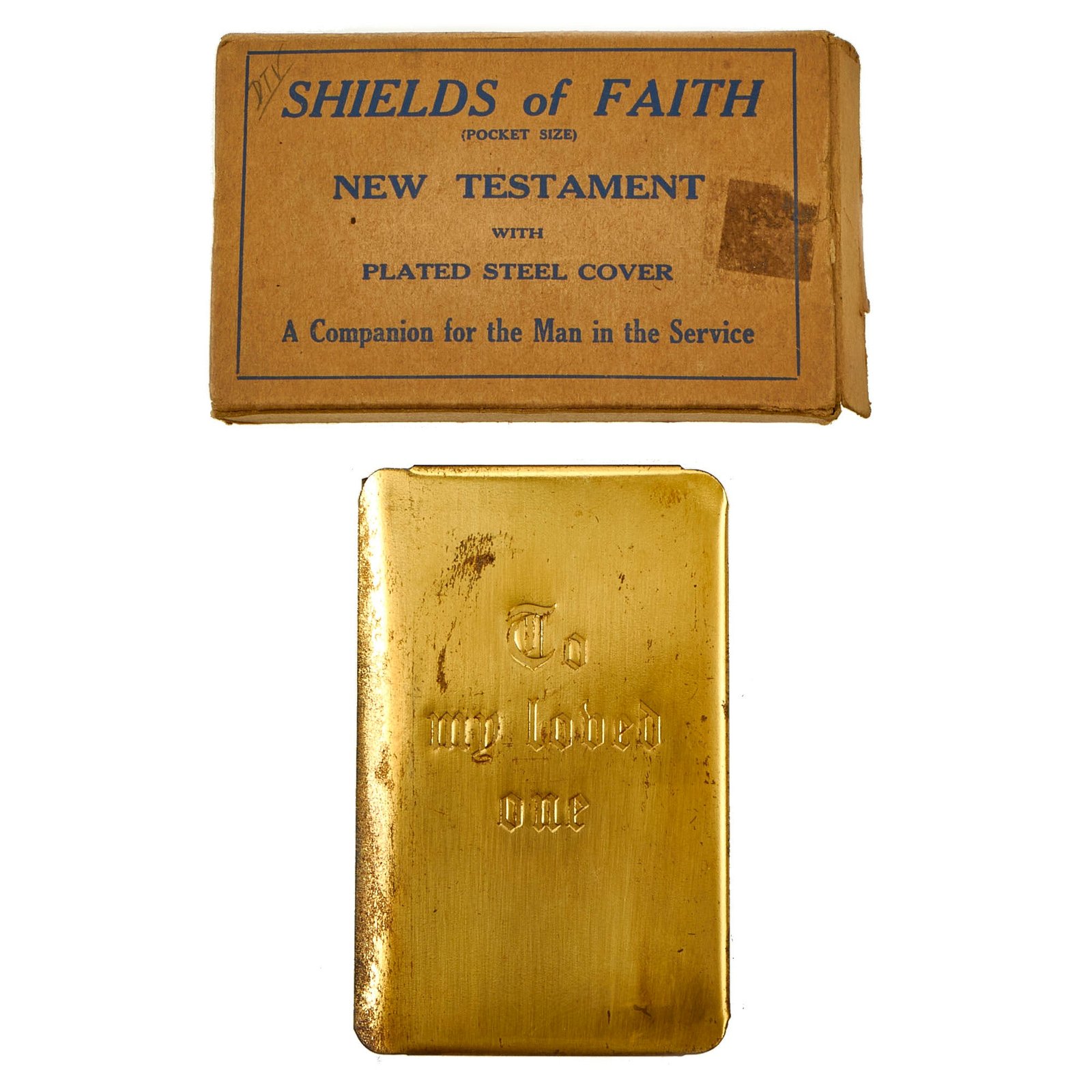 Buy Original U.S. WWII Era Shields of Faith “To My Loved One” New Testament Heart-Shield Breast Pocket Bible With Original Mailing Box | Original Firearms Antique For Sale