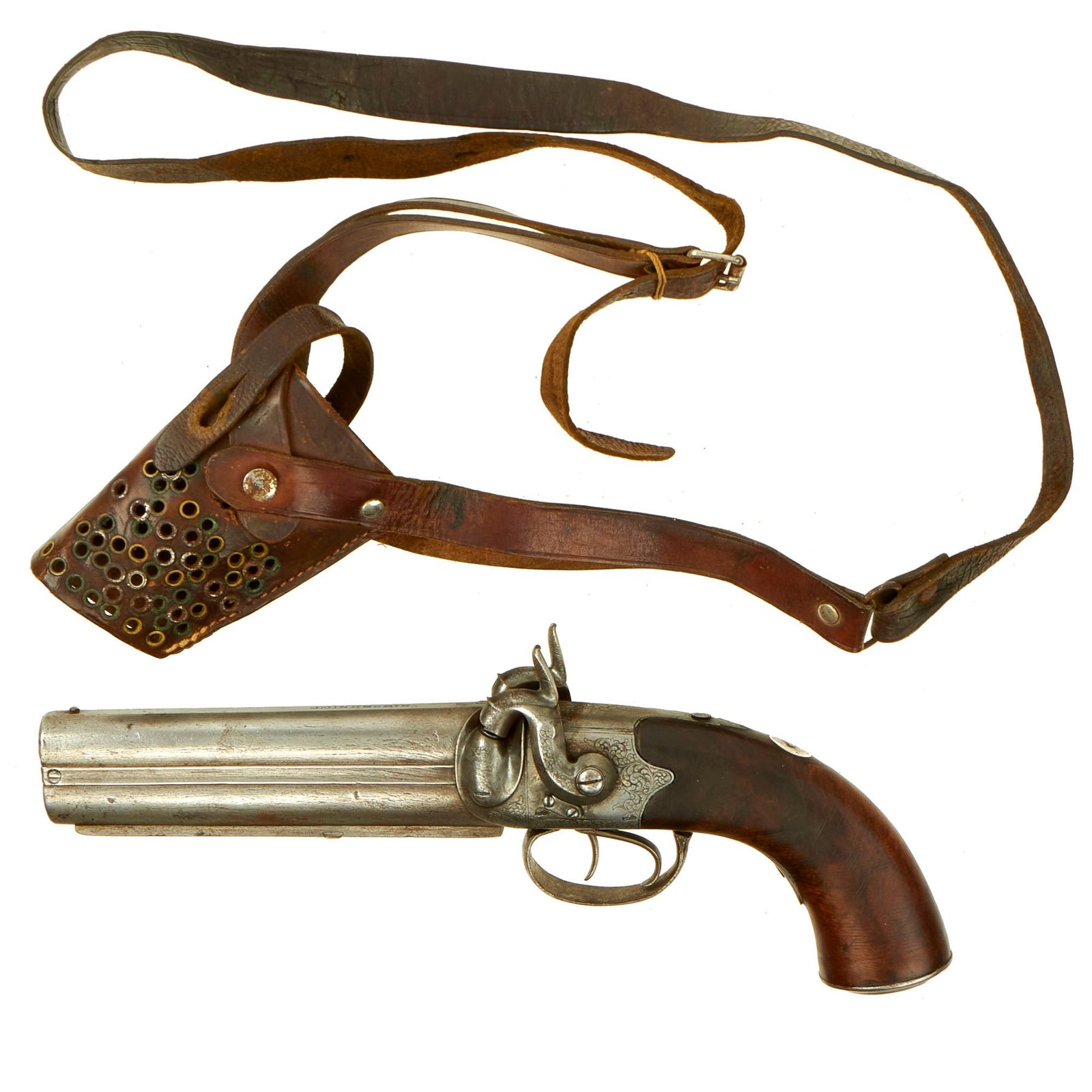 Buy Original British Over and Under Double Barrel Howdah Percussion Pistol with Later Shoulder Holster - circa 1850 | Original Firearms Antique For Sale