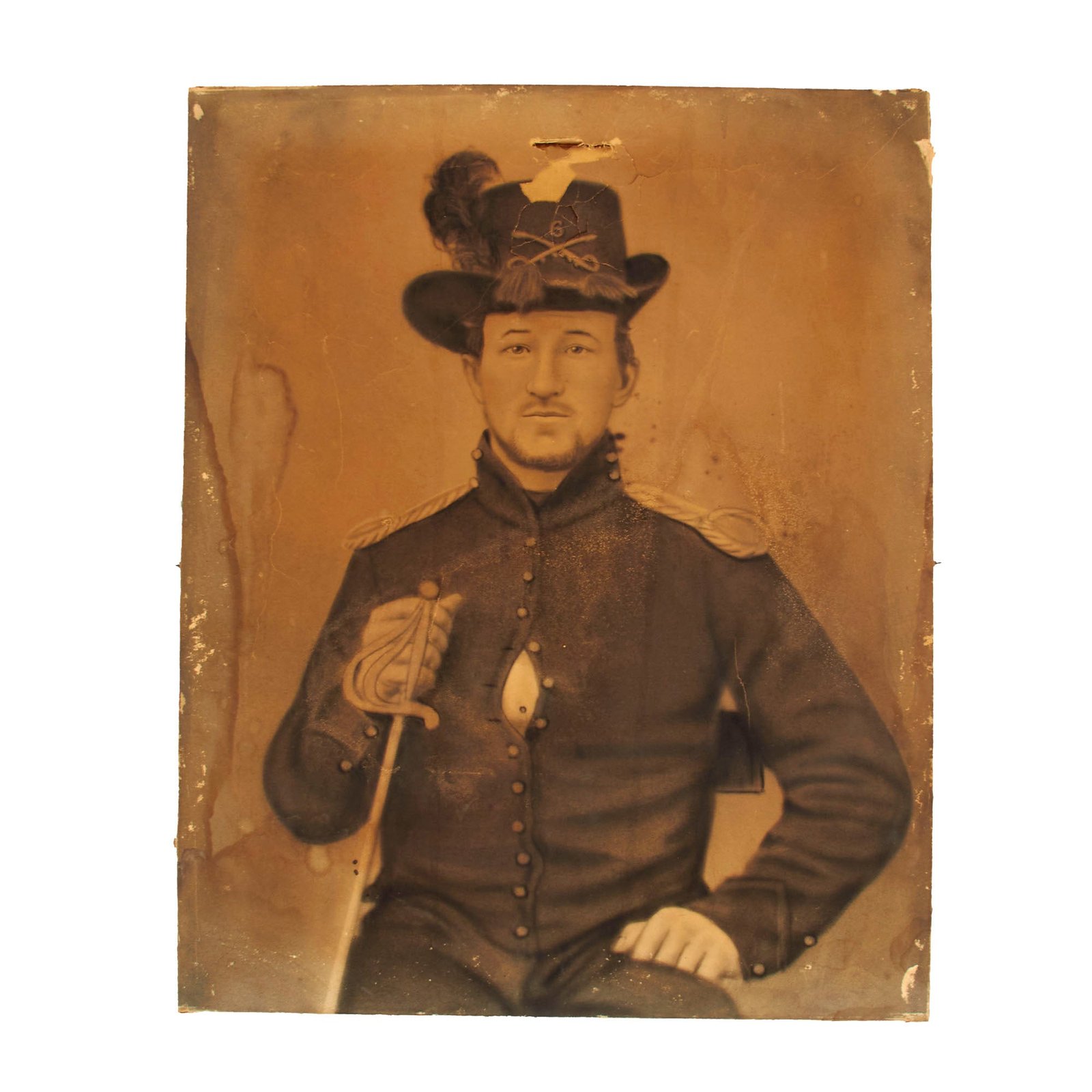 Buy Original U.S. Civil War Painting of 6th Cavalry Regiment Soldier Shown With Hardee Hat and M1860 Light Cavalry Sword - 16" x 20" | Original Firearms Antique For Sale