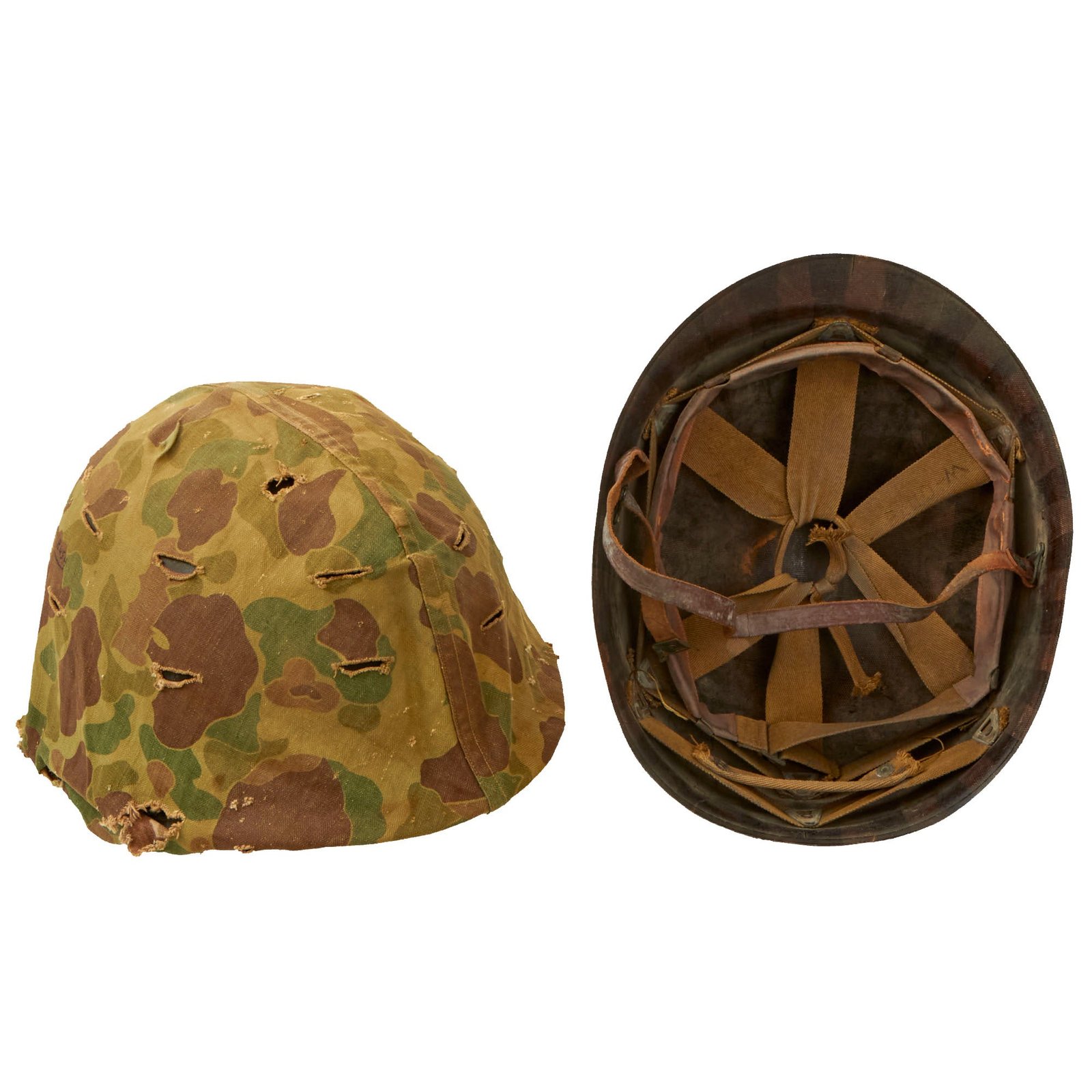 Buy Original U.S. WWII & Korean War Front Seam Fixed Bale M1 Helmet with 1953 Dated HBT USMC Camouflage Cover - Named | Original Firearms Antique For Sale