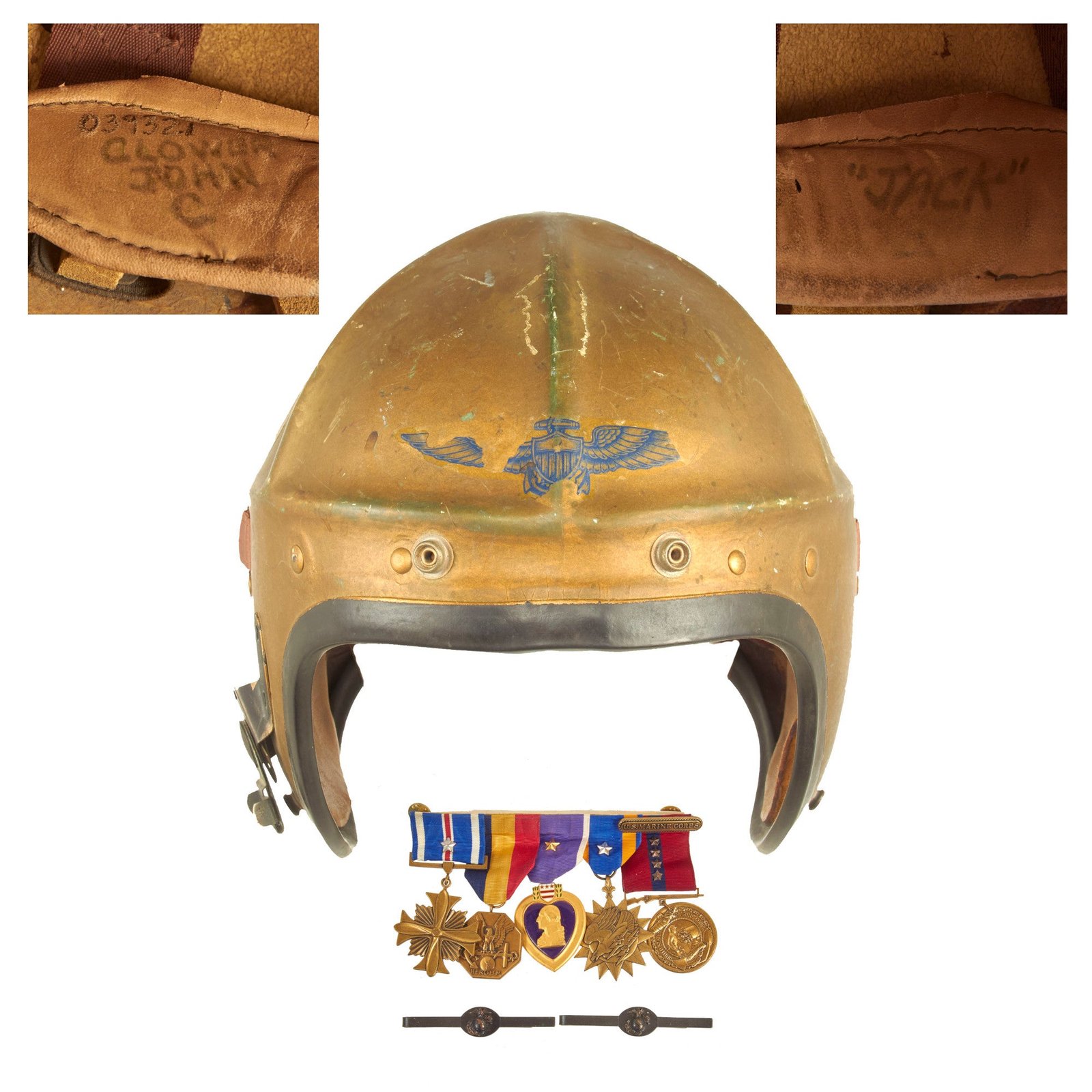 Buy Original U.S. Korean War Era USN & USMC Named Gentex H-4 Flying Helmet with Medal Bar Featuring Purple Heart - Staff Sgt. John “Jack” C. Clower, 1st Marine Air Wing Support Squadron | Original Firearms Antique For Sale