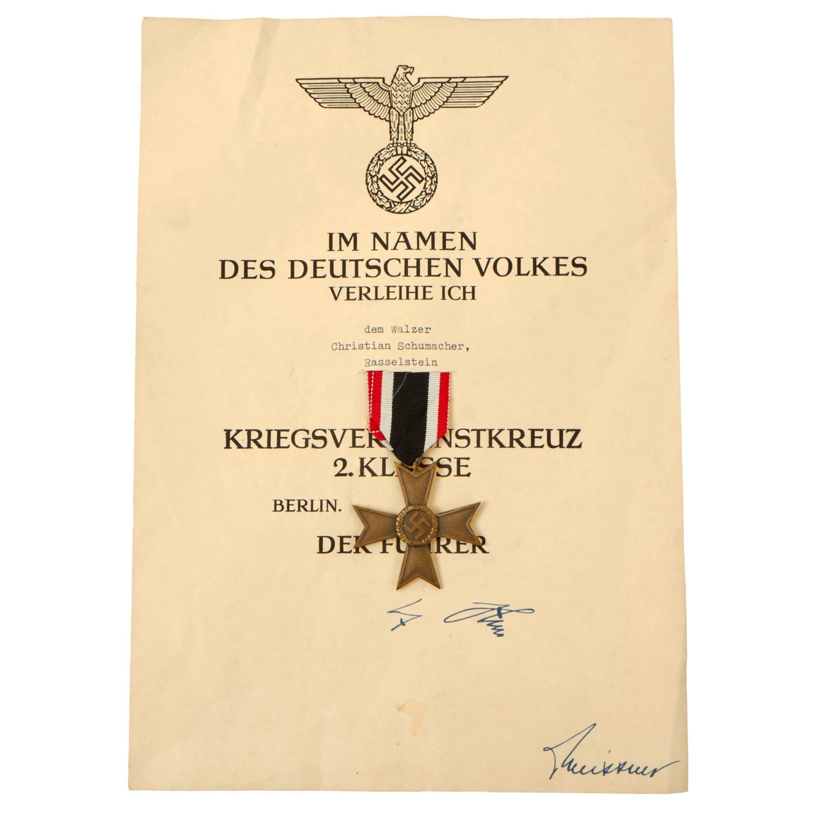 Buy Original German WWII War Merit Cross 2nd Class with Named Award Document - KvKII | Original Firearms Antique For Sale