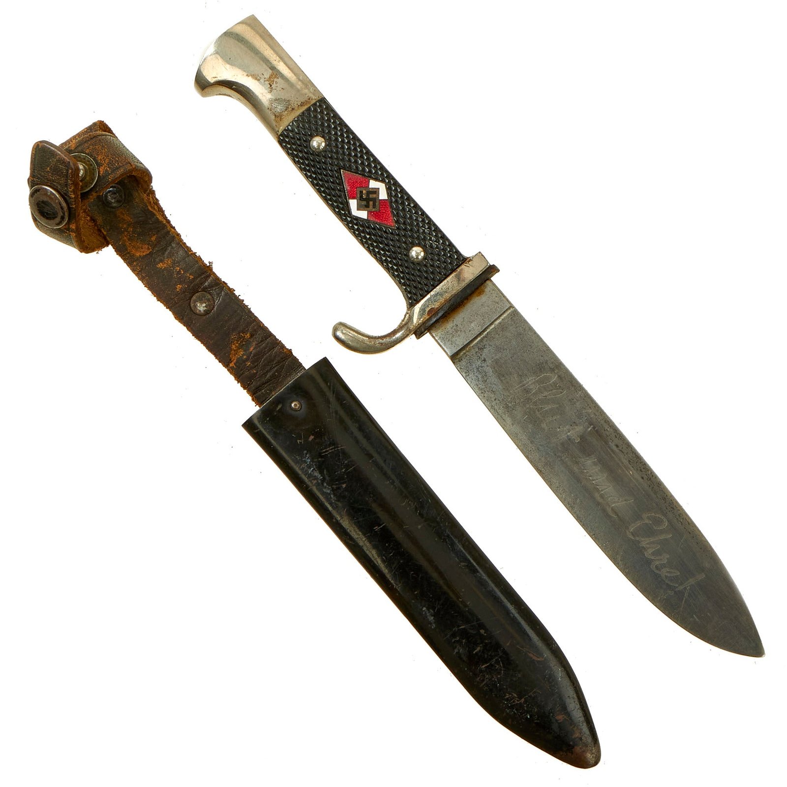 Buy Original German WWII 1938 Dated Transitional HJ Knife with Motto by Rare Maker C.D. Schaaff in Scabbard - RZM M7/56 | Original Firearms Antique For Sale