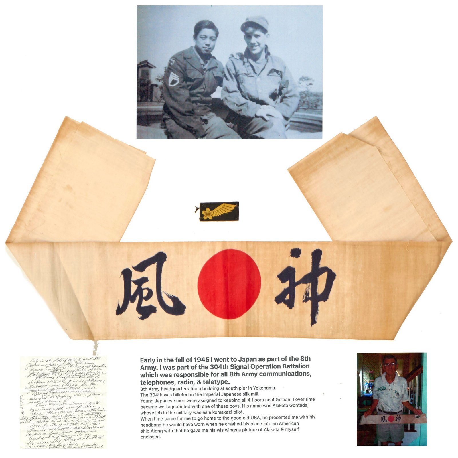 Buy Original Japanese WWII USGI Bring Back Identified Kamikaze Pilot Hachimaki Headband & Pilot Cadet Collar Insignia with Provenance | Original Firearms Antique For Sale