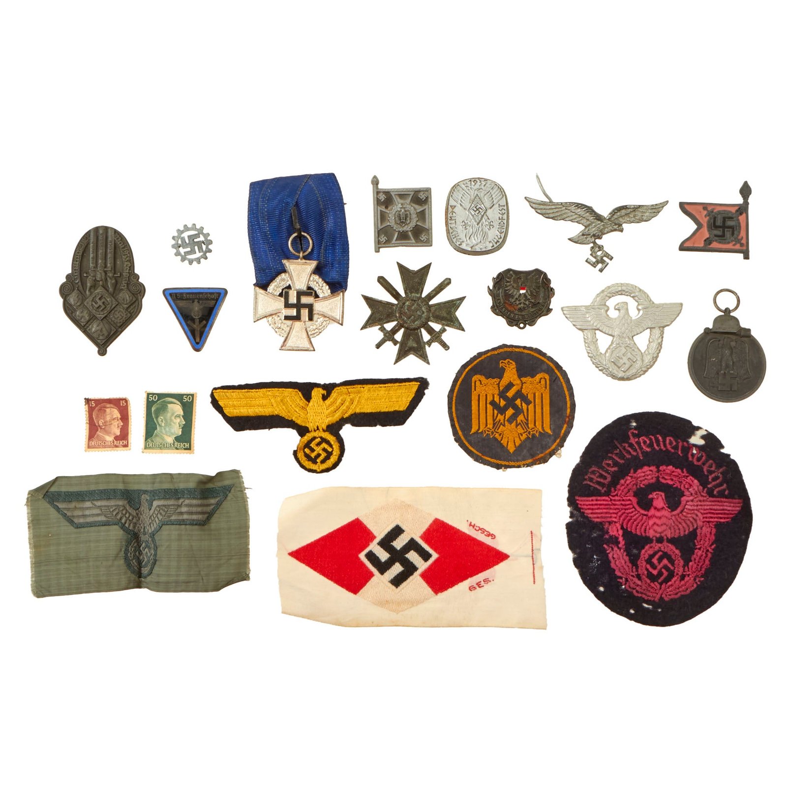 Buy Original German WWII Insignia, Award, and Tinnie Grouping with KvKII, Eastern Medal, and More - 19 Items | Original Firearms Antique For Sale