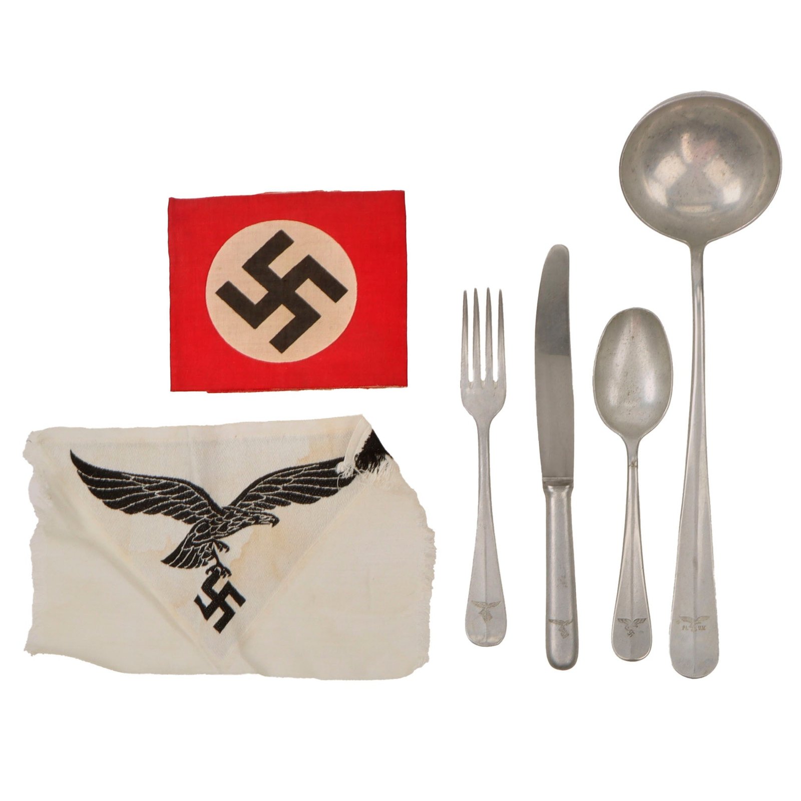 Original German WWII Luftwaffe Fl.U.V. Marked Barracks Flatware Set with M35 Sports Shirt Insignia and NSDAP Armband - 6 Items