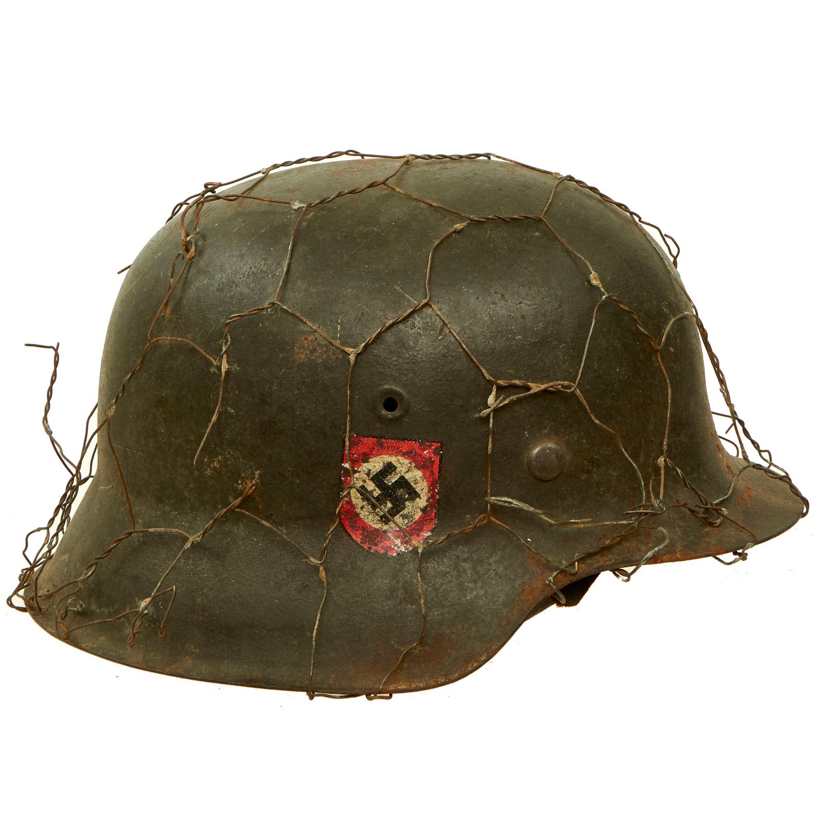 Buy Original German WWII Service Worn Double Decal NSDAP Civic Police M42 Steel Combat Helmet with Chicken Wire - EF66 | Original Firearms Antique For Sale