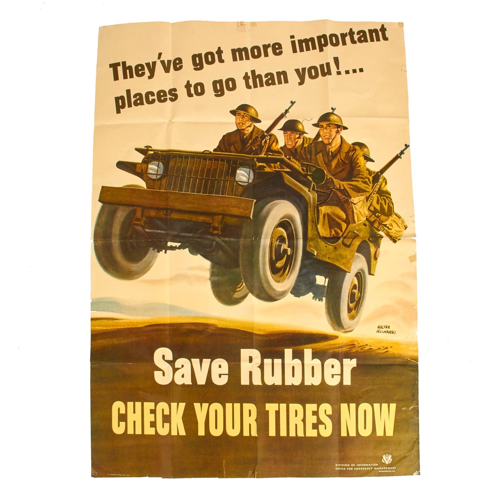 Buy Original U.S. WWII Propaganda Poster - Save Rubber Check Your Tires Now - Willys Jeep - OWI Poster No. 21 | Original Firearms Antique For Sale