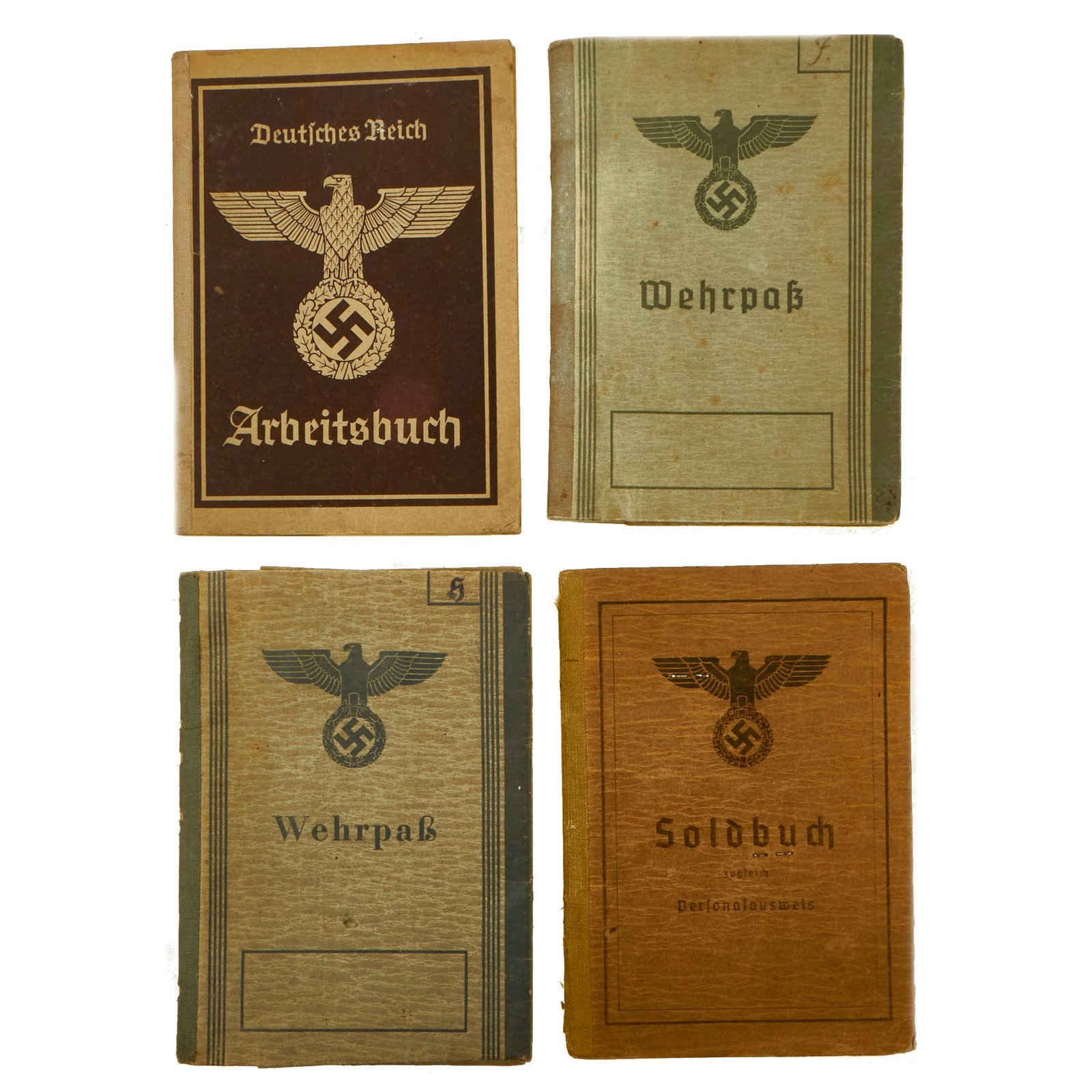 Buy Original German WWII Set of Four Identification Books - (2) Wehrpaß, (1) Soldbuch & (1) Arbeitsbuch | Original Firearms Antique For Sale