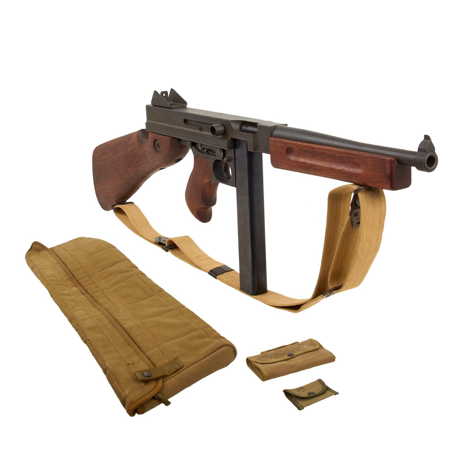 Buy Original U.S. WWII Thompson M1 Display SMG with Non-Firing Steel Receiver, Drop Bag, Magazine, NOBUCKL Sling & More! | Original Firearms Antique For Sale