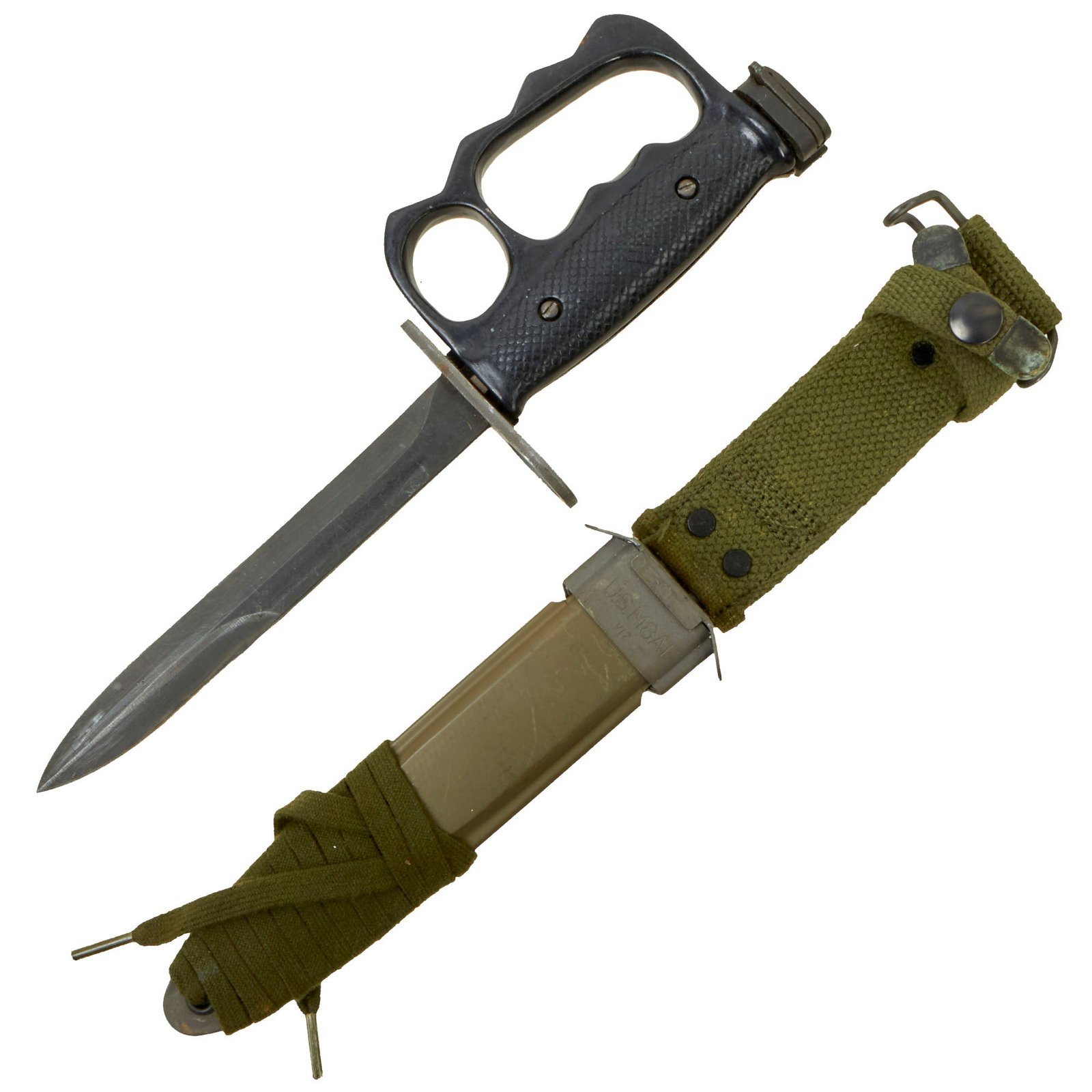 Buy Original U.S. 1980s M7 Bayonet with Experimental Aluminum Knuckle Guard and Vietnam Era M8A1 Scabbard | Original Firearms Antique For Sale