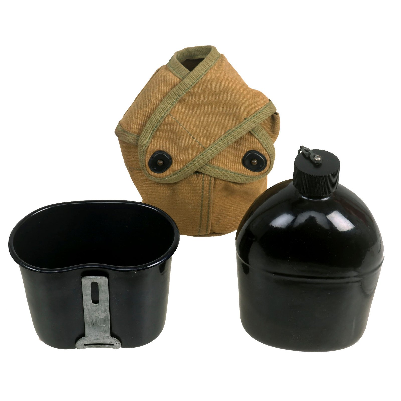 Buy Original U.S. WWII Rare 1942 Dated M1942 Black Porcelain Enamel Canteen With Matching Cup in 3rd Pattern USMC Carrier | Original Firearms Antique For Sale