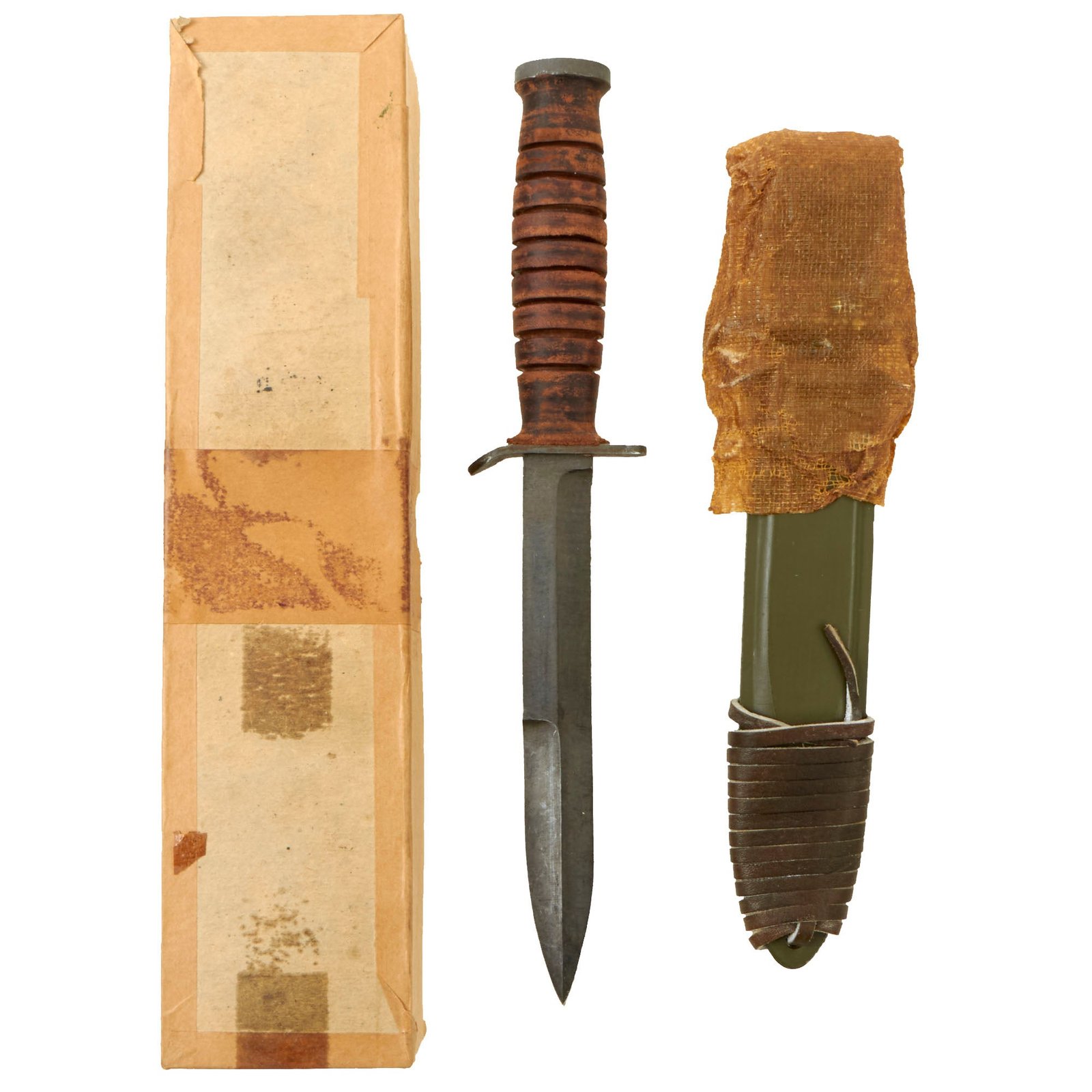 Buy Original U.S. WWII Unissued M3 Fighting Knife by UTICA Cutlery with Updated M8 Scabbard Still wrapped In Original Packaging With Box - Mint Condition | Original Firearms Antique For Sale