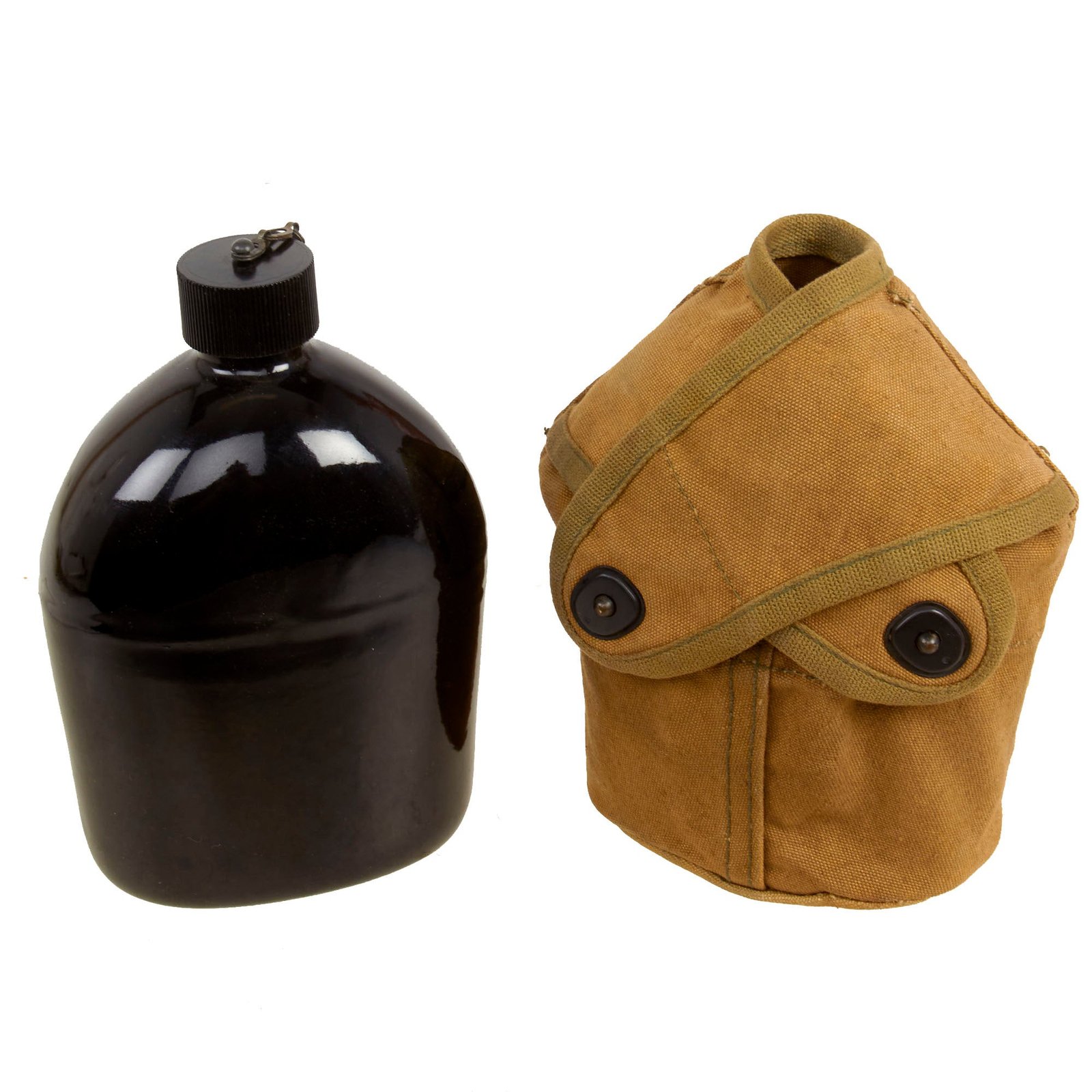 Buy Original U.S. WWII Rare M1942 Black Porcelain Enamel Canteen and Cup in “Funnel” Carrier - dated 1942 | Original Firearms Antique For Sale