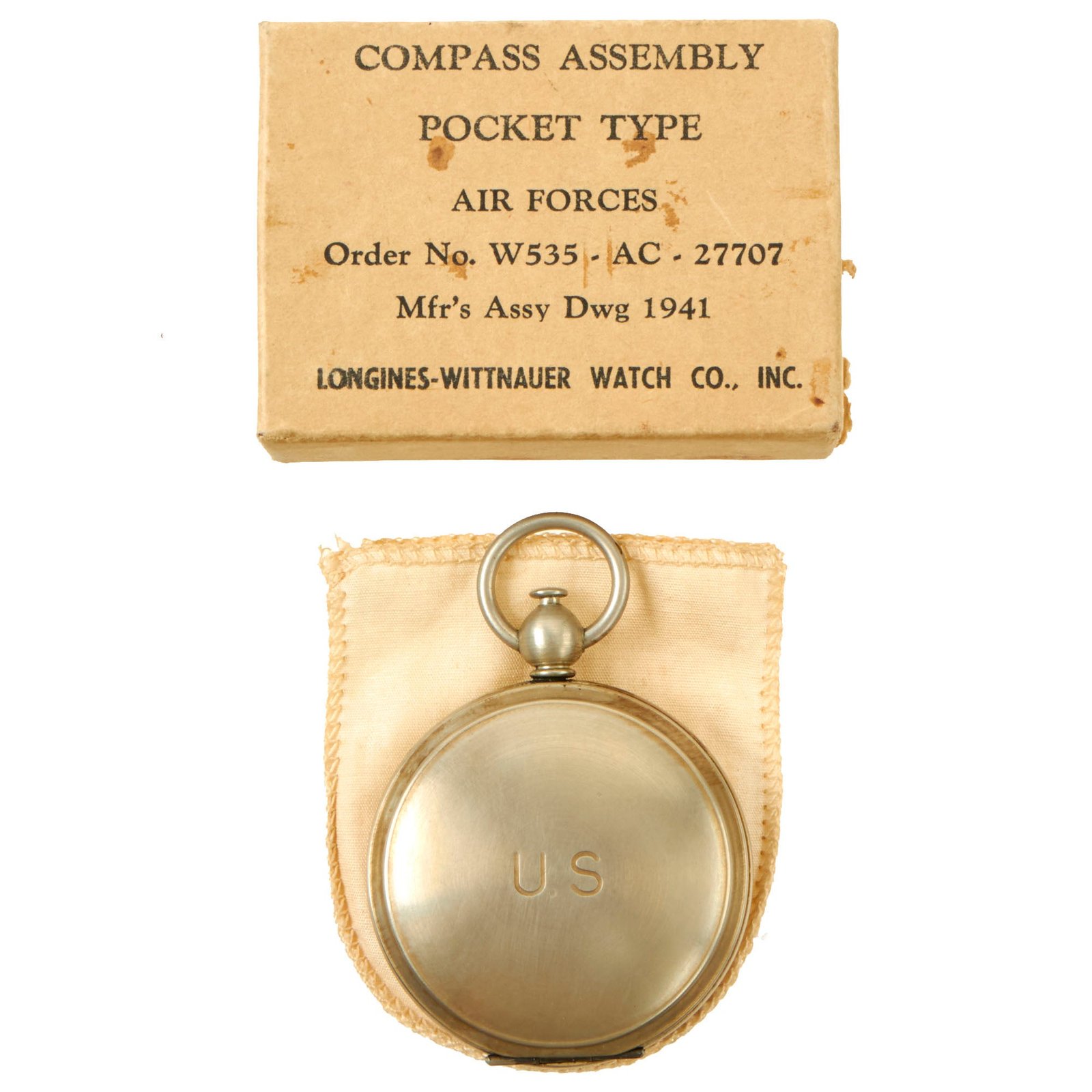 Buy Original U.S. WWII US Army Air Forces “Compass Assembly Pocket Type” by Longines-Wittnauer Watch Company With Original Box - Dated 1941 | Original Firearms Antique For Sale