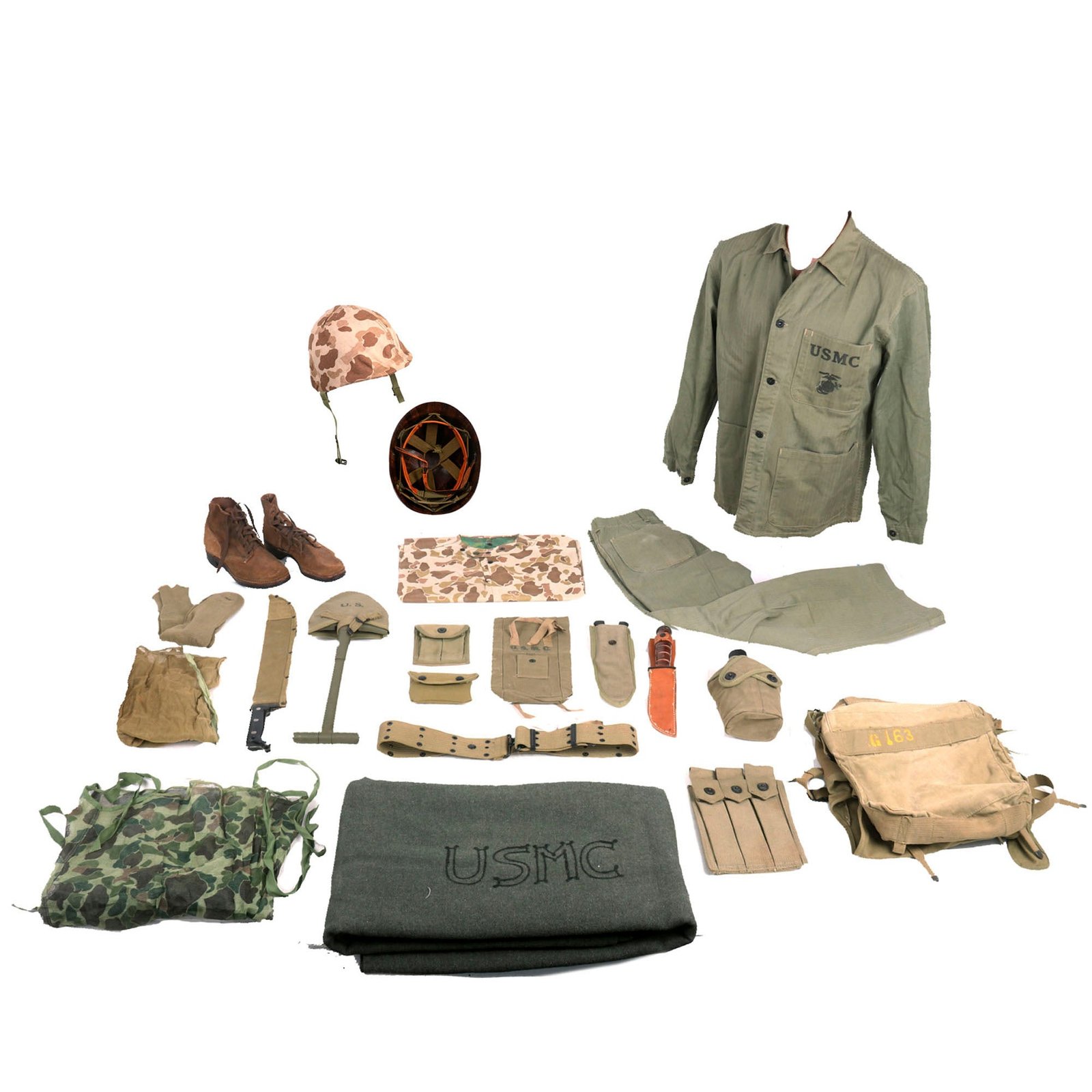 Buy Original U.S. WWII Excellent Condition Marine Corps M1 Helmet and HBT Uniform Grouping With Equipment - Unissued Items | Original Firearms Antique For Sale