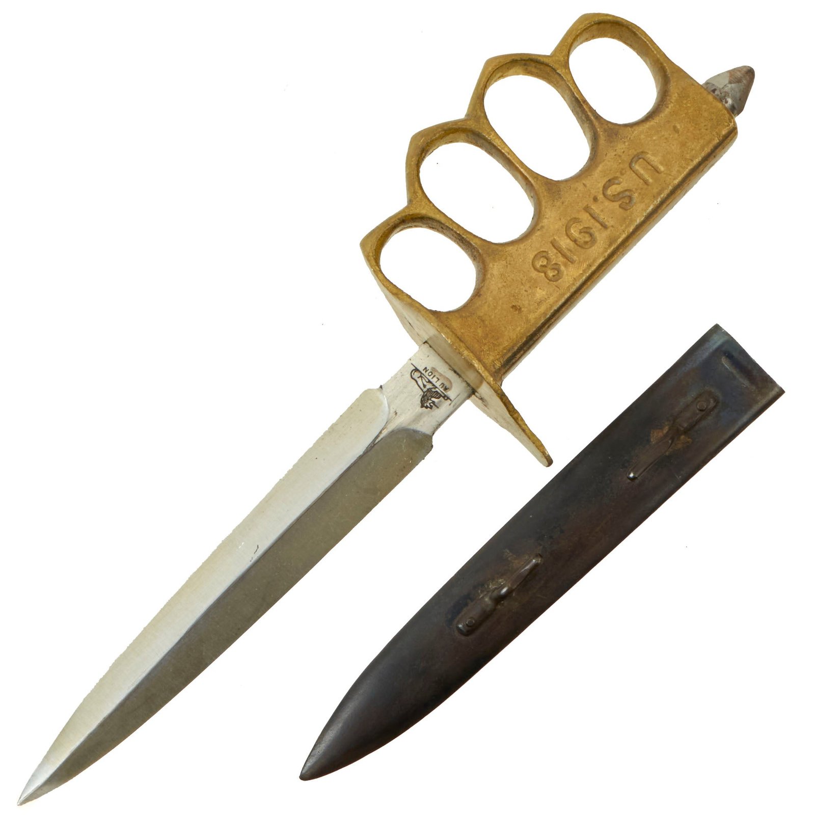 Buy Original U.S. WWI Model 1918 Mark I Trench Knife by AU LION with Correct Steel Scabbard - Complete Marking | Original Firearms Antique For Sale