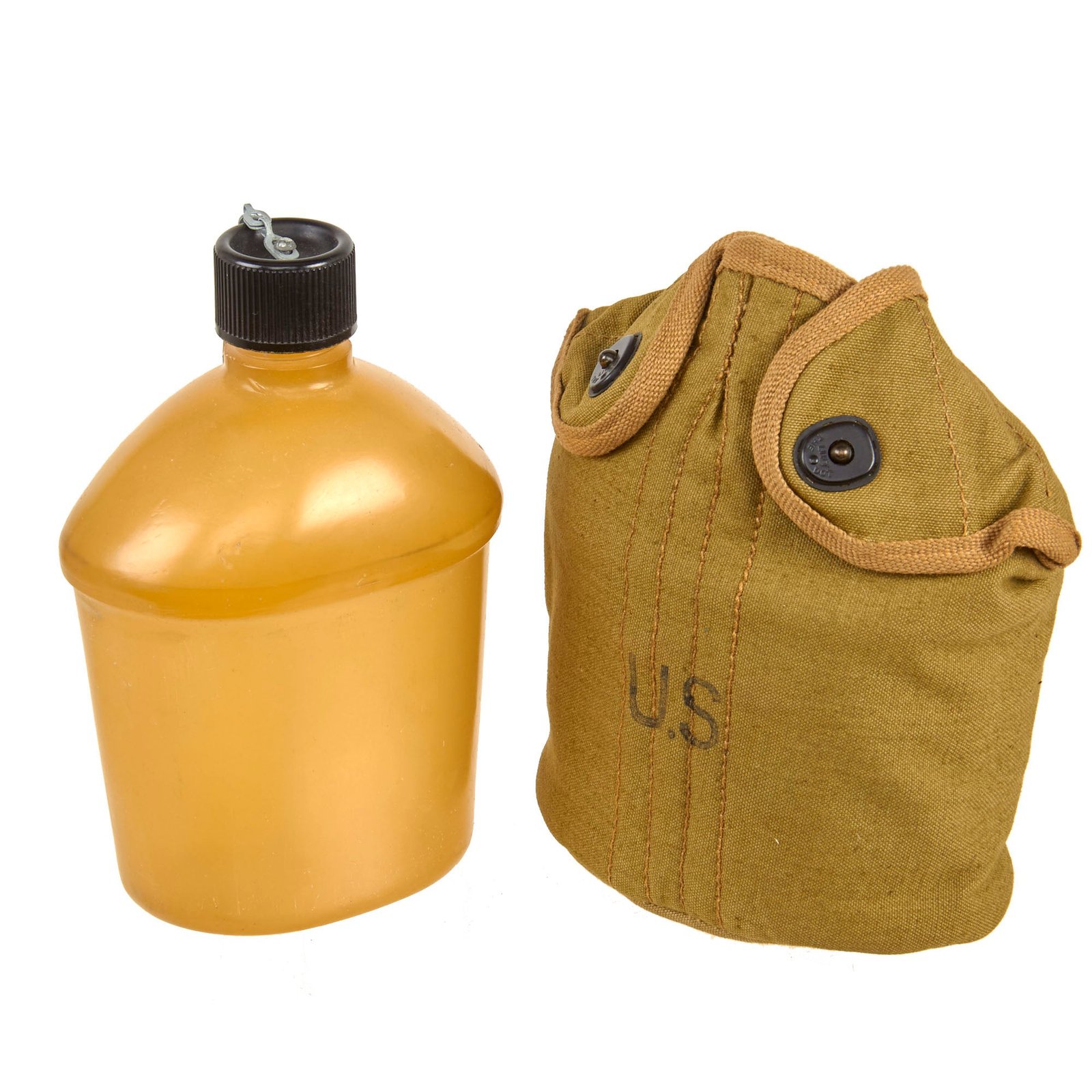 Buy Original U.S. WWII Experimental Ethylcellulose Plastic Canteen by Mack Molding Co with British Made Infantry Carrier - dated 1943 & 44 | Original Firearms Antique For Sale
