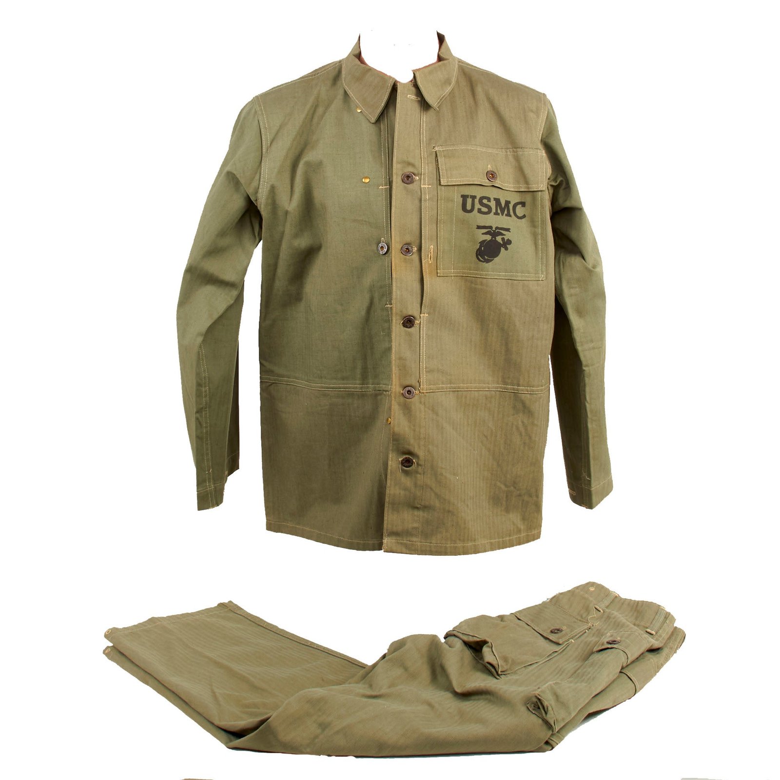Buy Original U.S. WWII Unissued USMC HBT Herringbone Twill P44 Combat Field Utility Uniform Set With “Monkey Trousers” | Original Firearms Antique For Sale