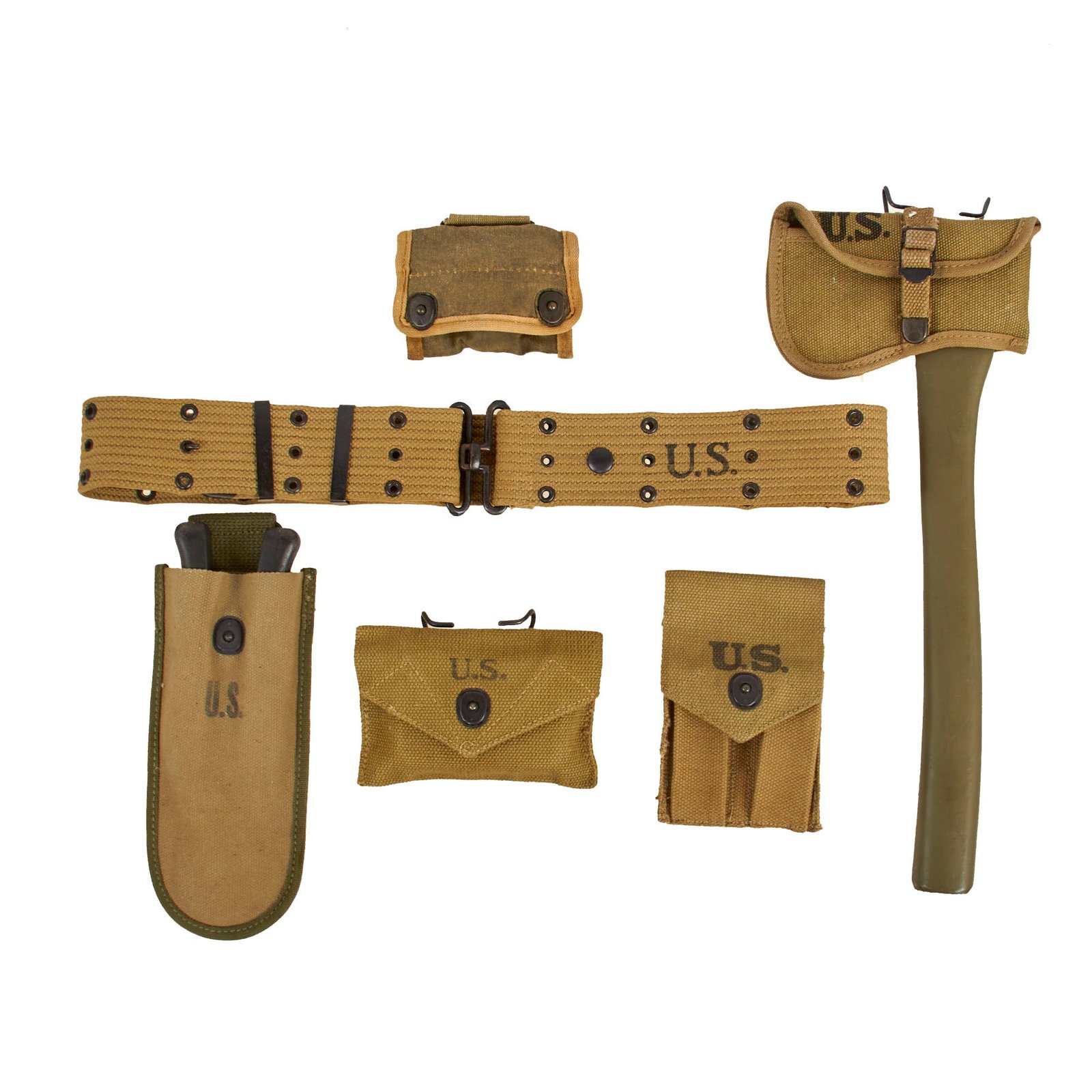 Buy Original U.S. WWII G.I. Field Gear Lot Featuring M1942 Axe, M1938 Wire Cutters and More - 6 Items | Original Firearms Antique For Sale