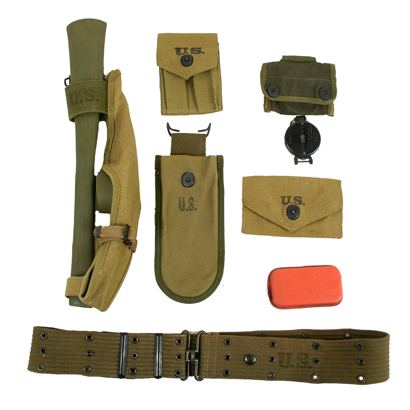 Buy Original U.S. WWII Unissued G.I. Field Gear Lot Featuring Lensatic Compass, M1910 Pick Mattock Pickaxe and More - 6 Items | Original Firearms Antique For Sale