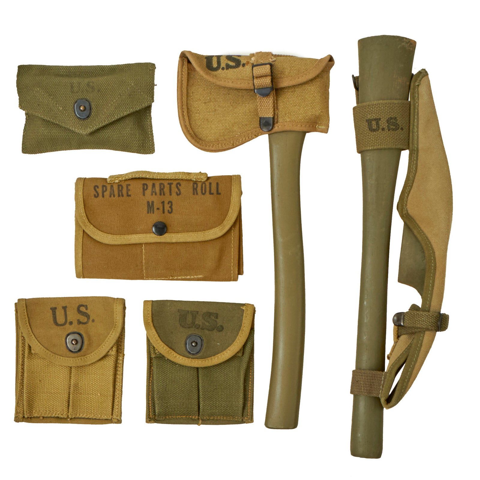 Buy Original U.S. WWII Unissued G.I. Field Gear Lot Featuring M1942 Axe, M1910 Pick Mattock Pickaxe and More - 6 Items | Original Firearms Antique For Sale