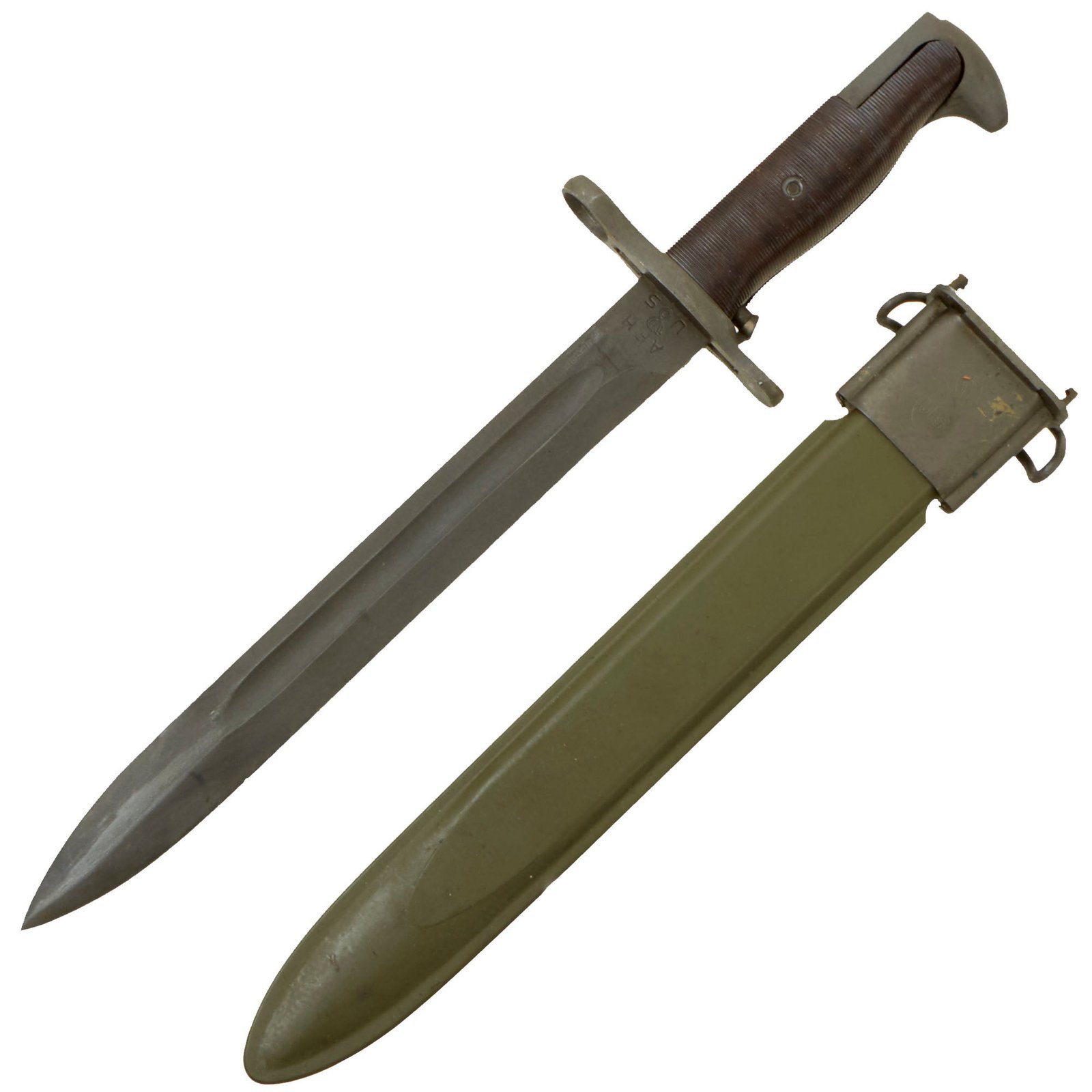 Buy Original Excellent U.S. WWII M1 Garand 10 inch Bayonet by American Fork & Hoe with Rare CAB Grips & M7 Scabbard | Original Firearms Antique For Sale