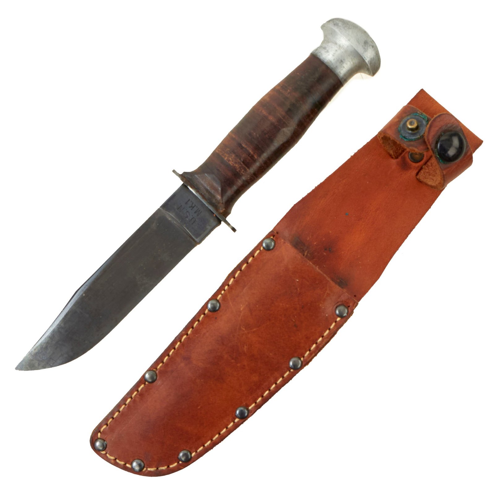 Buy Original U.S. WWII USN Mark 1 Robeson ShurEdge No. 20 Fighting Knife with Alloy Pommel and Leather Scabbard | Original Firearms Antique For Sale