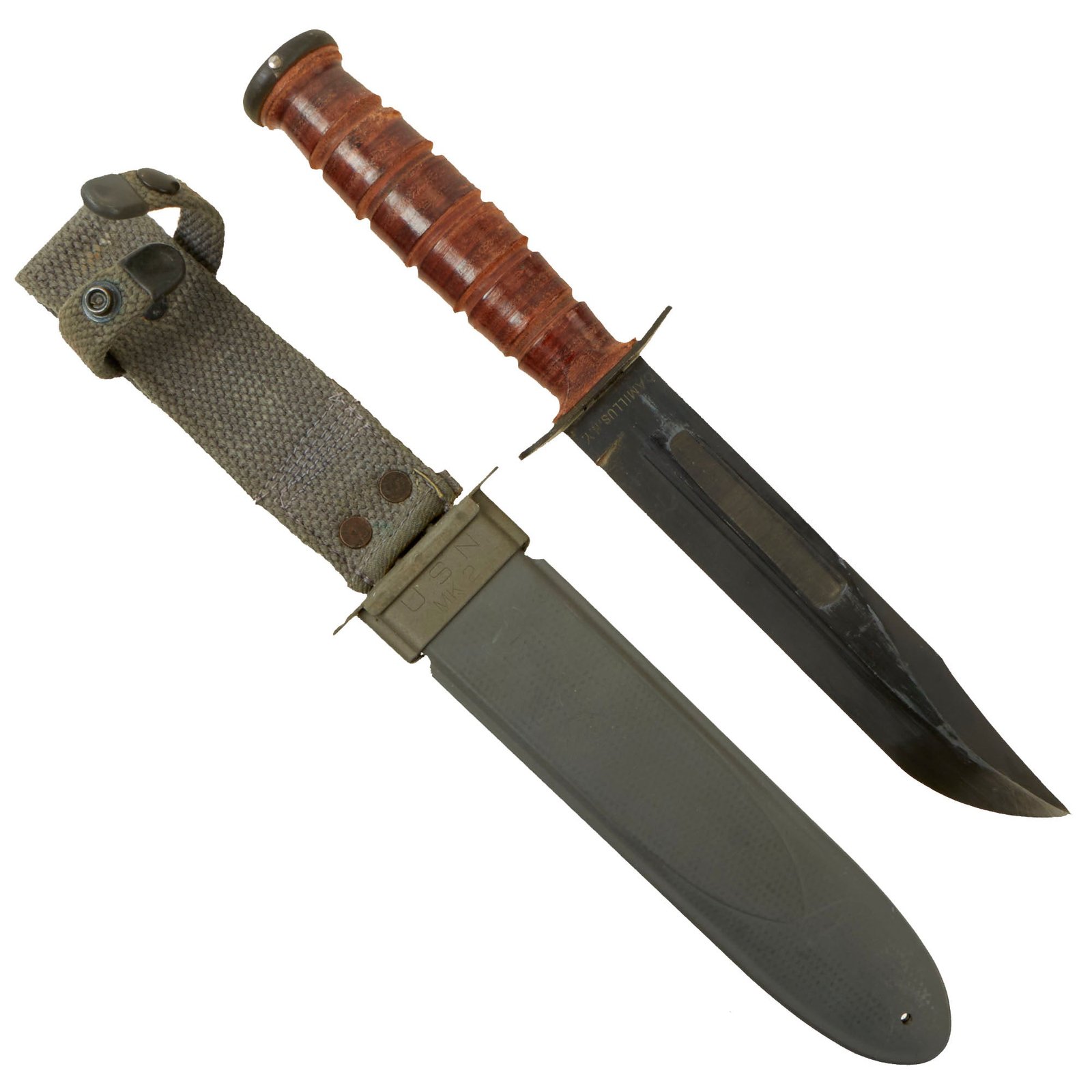 Buy Original U.S. WWII Unissued Pre-1944 USN Mark 2 KA-BAR Fighting Knife by CAMILLUS with USN MK2 Scabbard | Original Firearms Antique For Sale