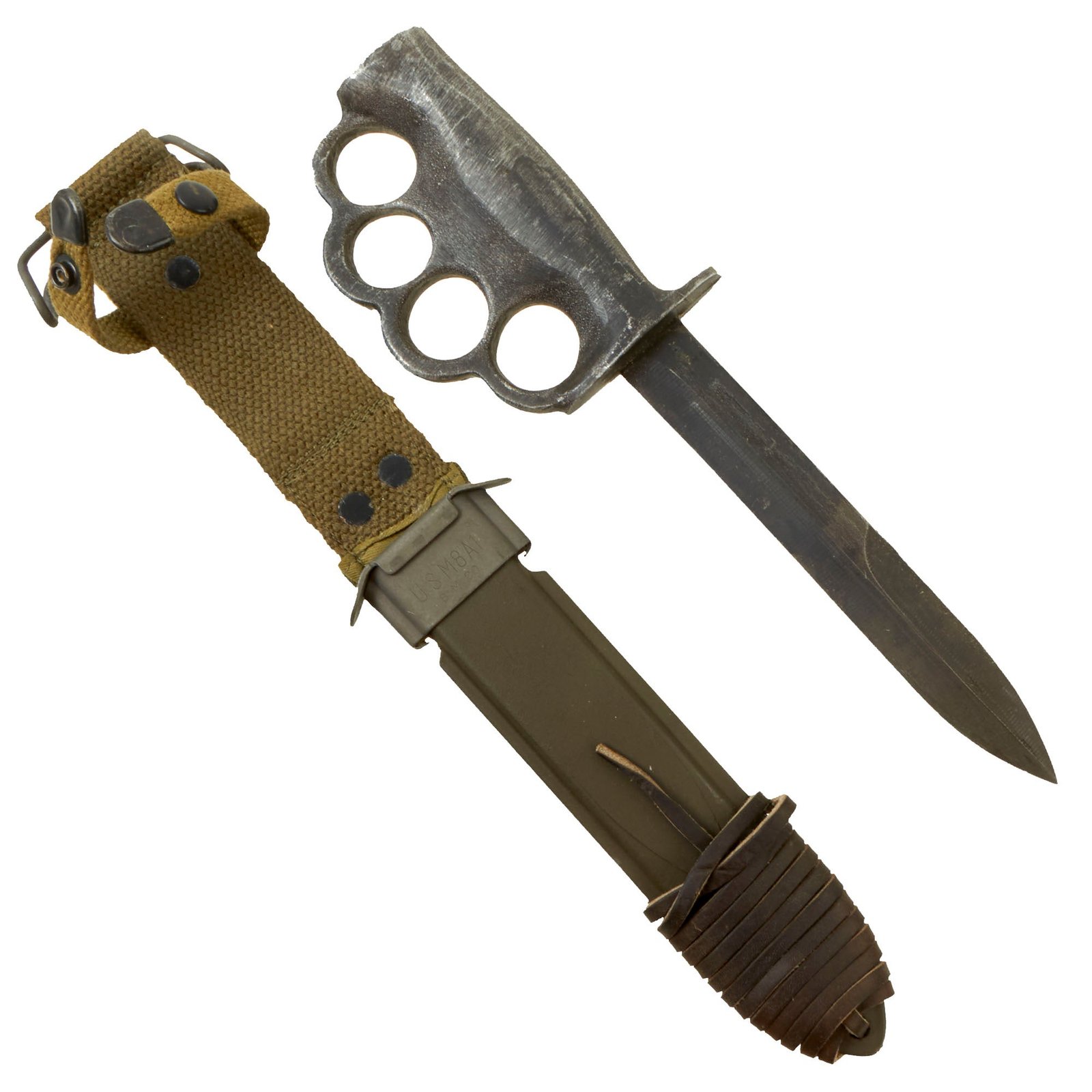 Buy Original U.S. WWII / Korean War Everitt Style Custom Mk3 Knuckle Duster Fighting Knife With M8A1 Scabbard | Original Firearms Antique For Sale