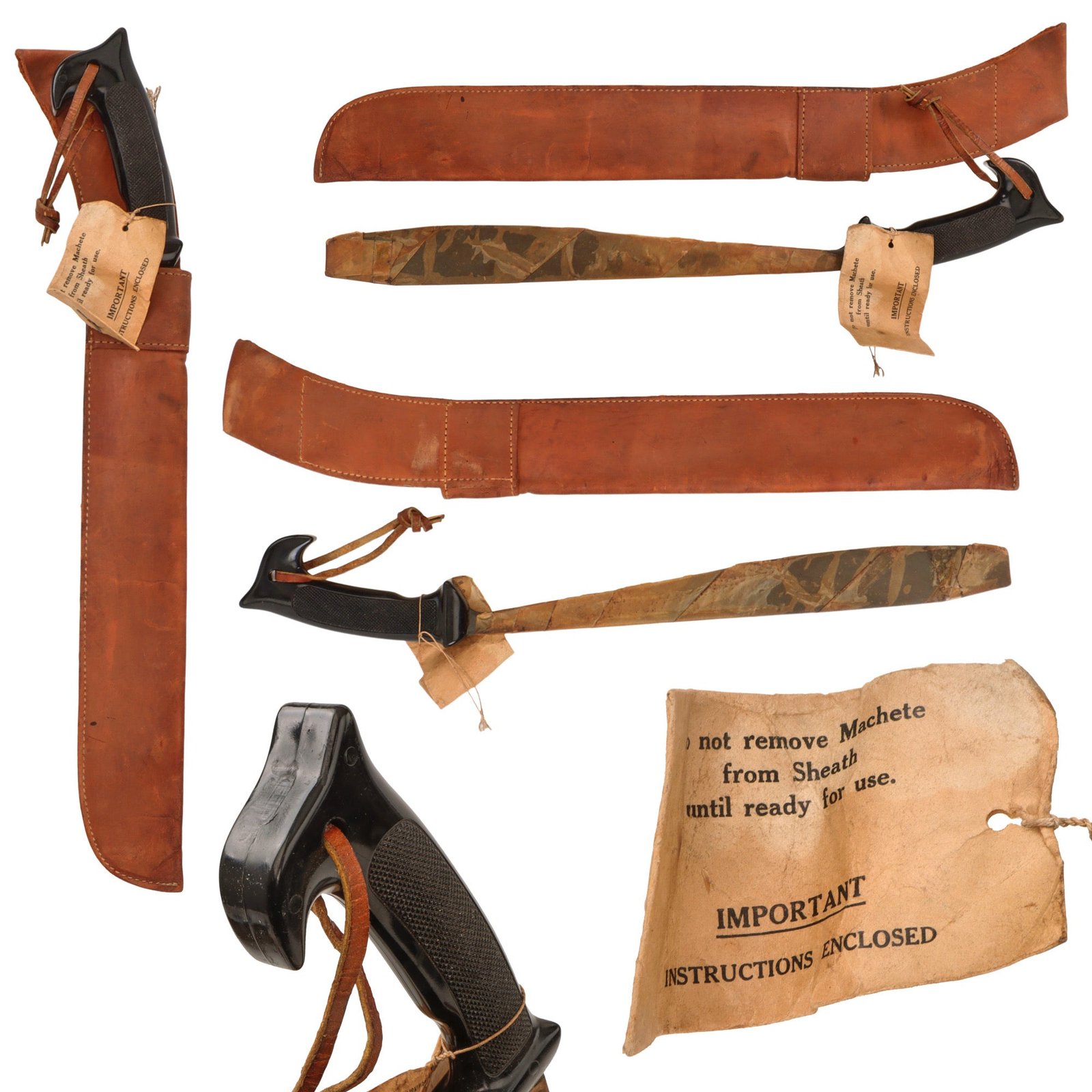 Original WWII U.S. OSS Philippine Guerilla Machete with Original Leather Sheath & Instruction Packet Still Attached - Flat Tip Blade