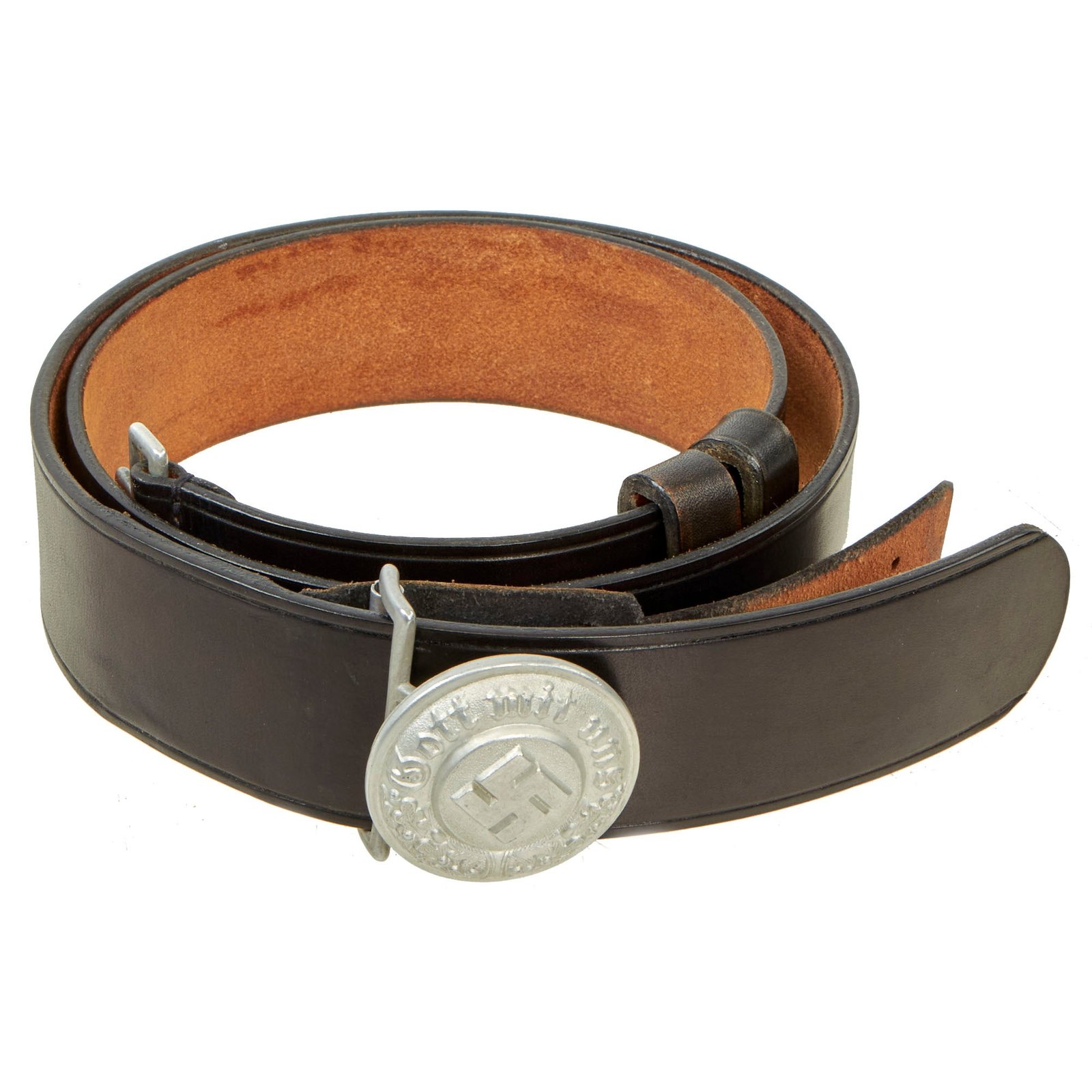 Buy Original German WWII NSDAP Police Officer's Black Leather Belt with Round Aluminum Buckle | Original Firearms Antique For Sale