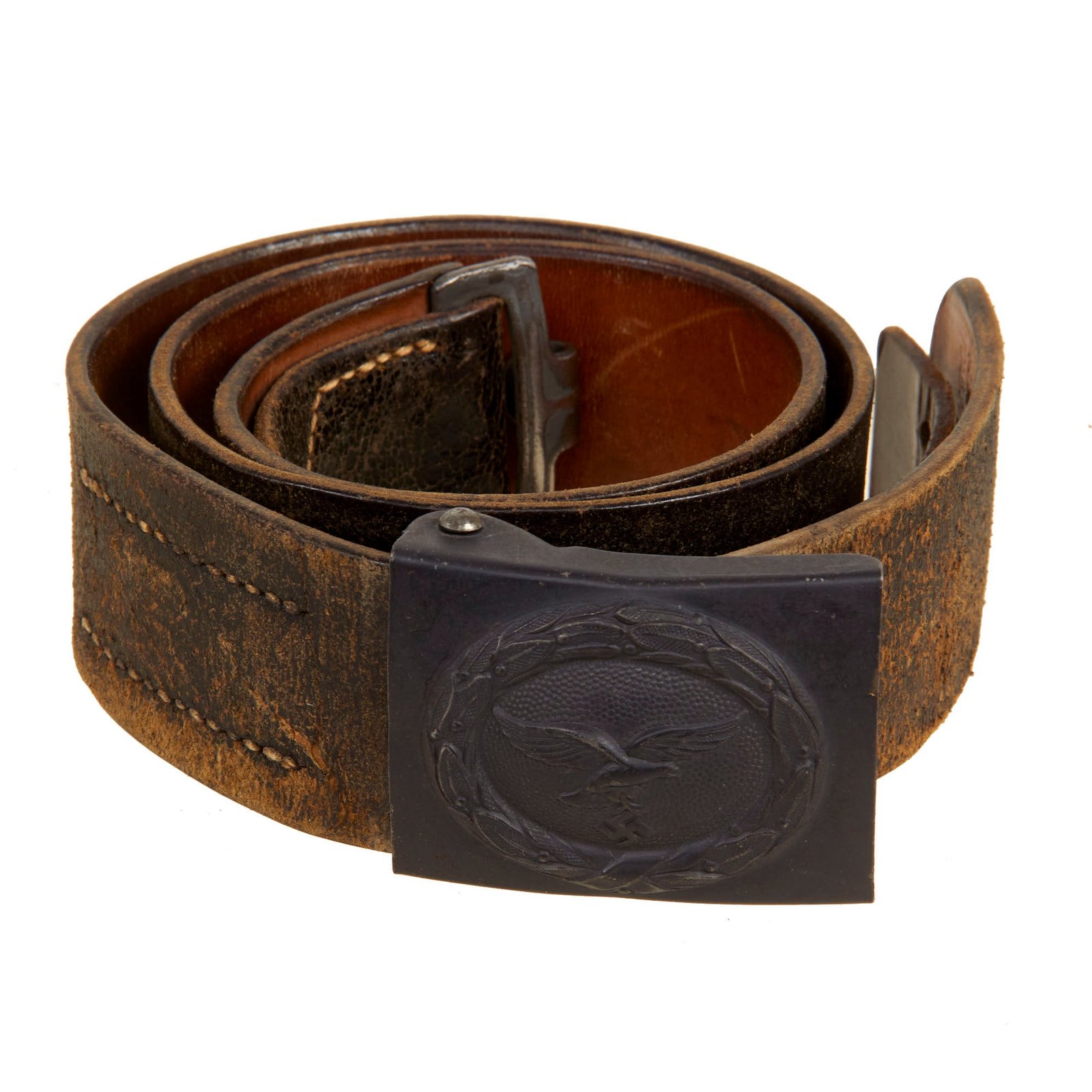 Buy Original German WWII Luftwaffe Named Black Leather Belt with Painted Steel Buckle - RZM Marked | Original Firearms Antique For Sale