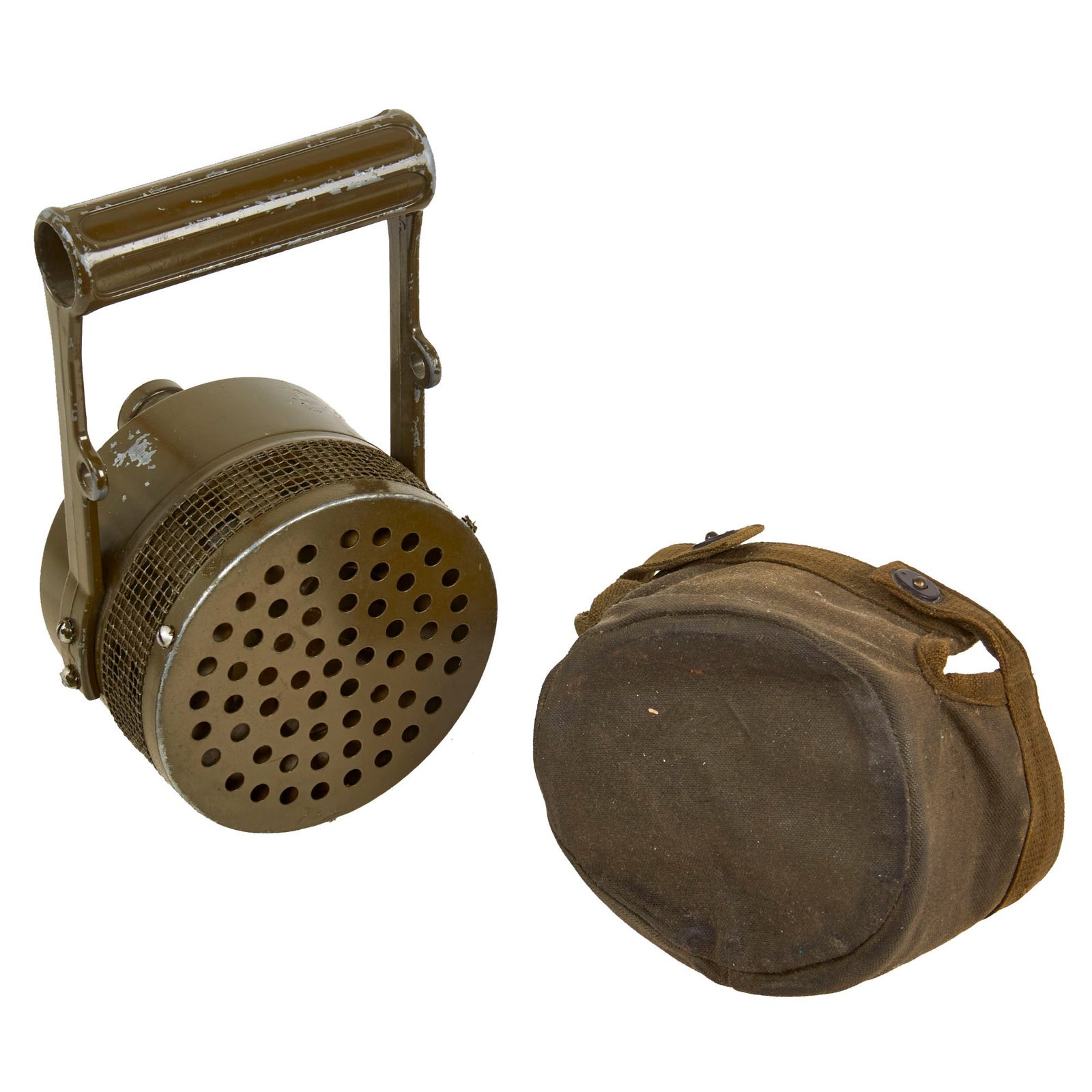 Buy Original U.S. WWII Hand Held Air Raid Siren by Federal Electric Company with Rare Canvas Cover | Original Firearms Antique For Sale