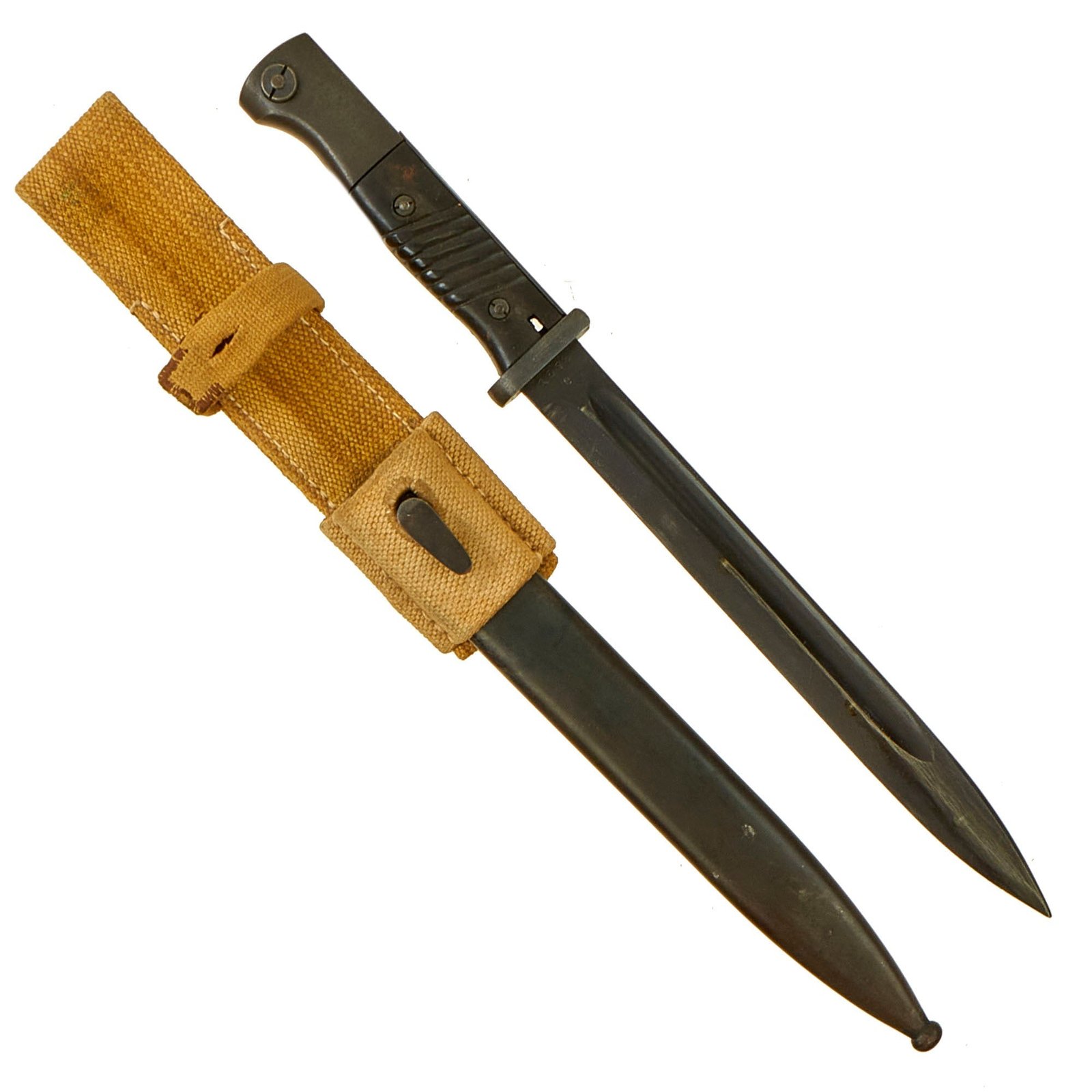 Buy Original German WWII 98k Bayonet by Berg & Co. (pyy) with 1944 dated Scabbard & Tropical Deutsches Afrika Korps DAK Web Frog - Matching Serial 1378 e | Original Firearms Antique For Sale