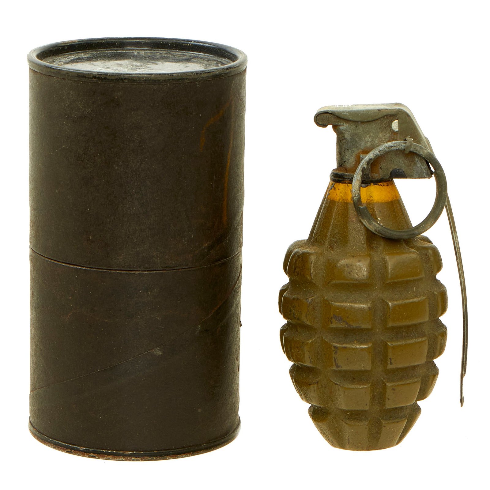 Buy Original U.S. WWII Inert MkII Pineapple Grenade with Yellow Ring, M10A3 Fuze and M41 Cardboard “Husk” Canister | Original Firearms Antique For Sale