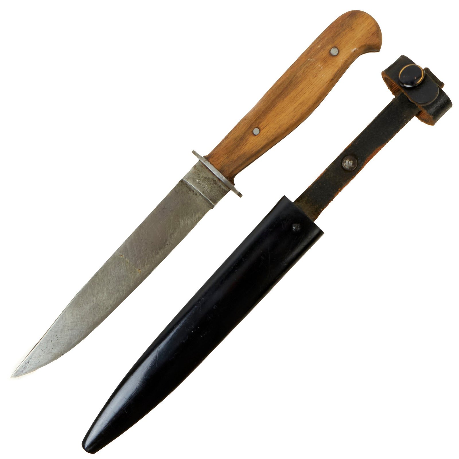Buy Original German WWII Wood Handle Nahkampfmesser Trench Fighting Knife with Steel Boot Scabbard by Tigerwerk Lauterjung & Co. | Original Firearms Antique For Sale
