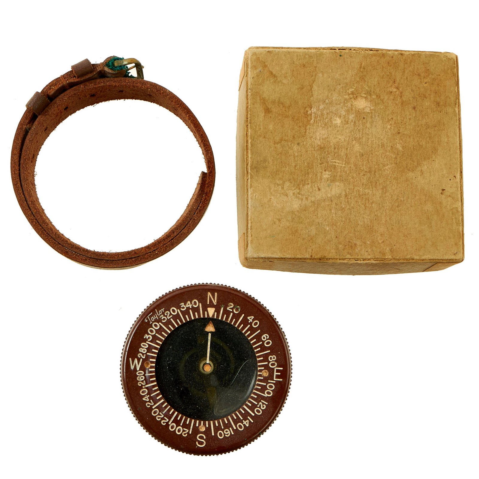 Buy Original U.S. WWII Unissued Paratrooper Liquid Filled Wrist Compass by Taylor with Leather Wrist Band and Original Box | Original Firearms Antique For Sale