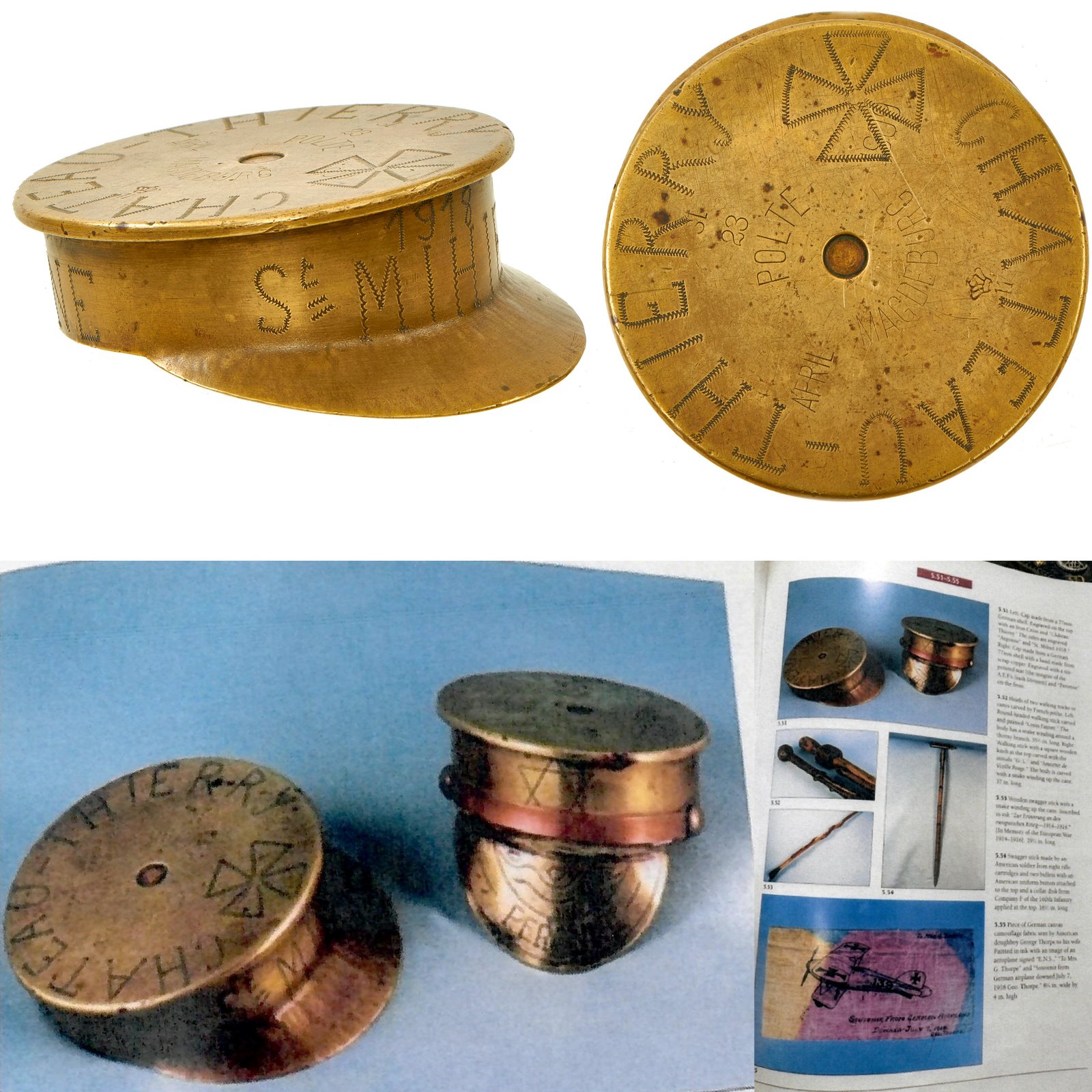 Buy Original German WWI Trench Art Peaked Visor Cap As Featured In The Book “Trench Art, An Illustrated History” by Jane Kimball on Page 173 - “Chateau-Thierry” Engraved | Original Firearms Antique For Sale