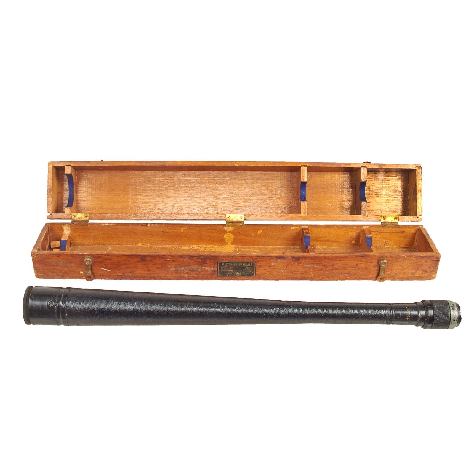 Buy Original U.S. WWII Navy 16x MkII Quartermaster Spyglass Refracting Telescope by Hayward Lumber with Wood Case - Dated 1942 | Original Firearms Antique For Sale