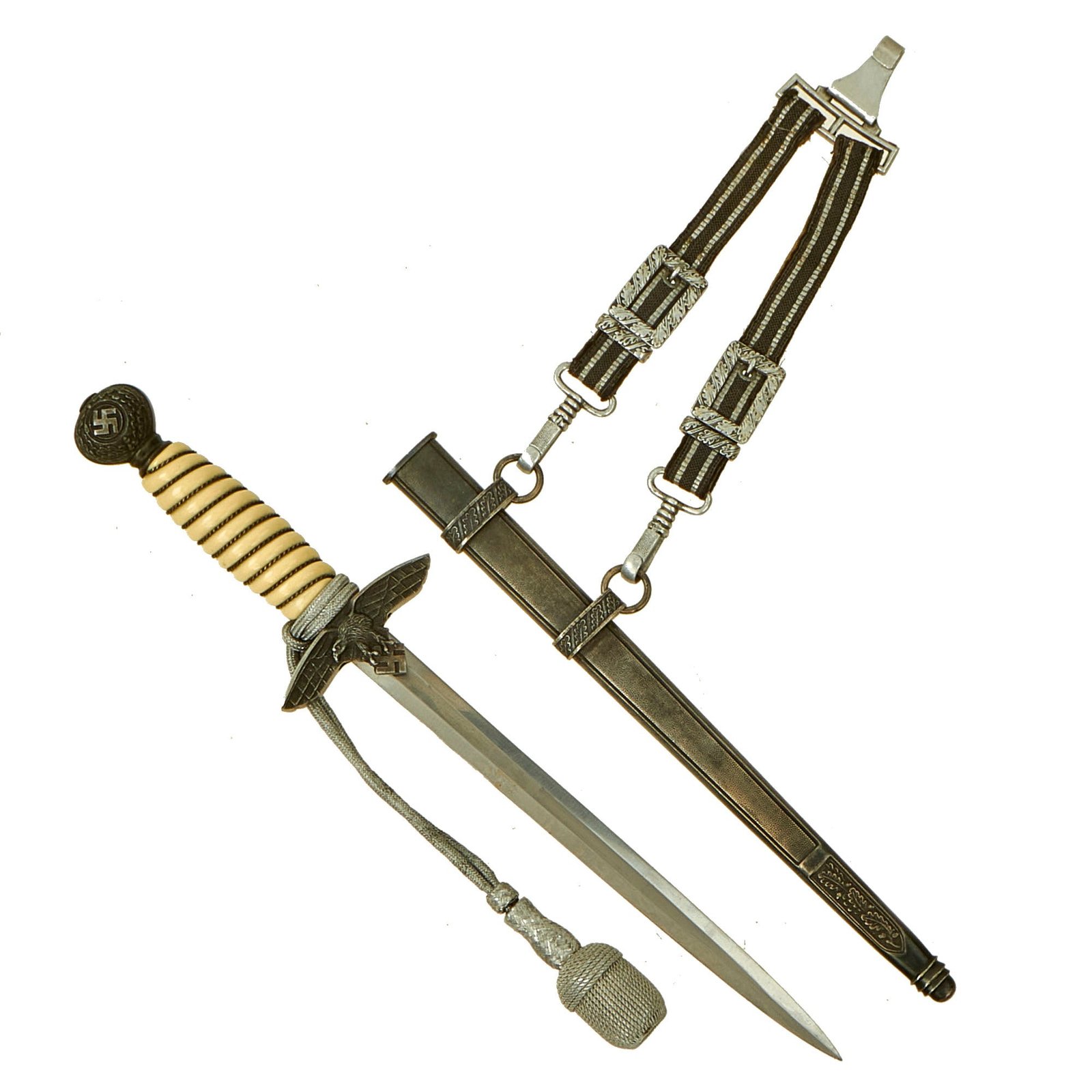 Buy Original Excellent WWII German 2nd Model Luftwaffe Dagger by Rare Maker Anton Wingen Jr. with Scabbard, Hanger & Portepee | Original Firearms Antique For Sale